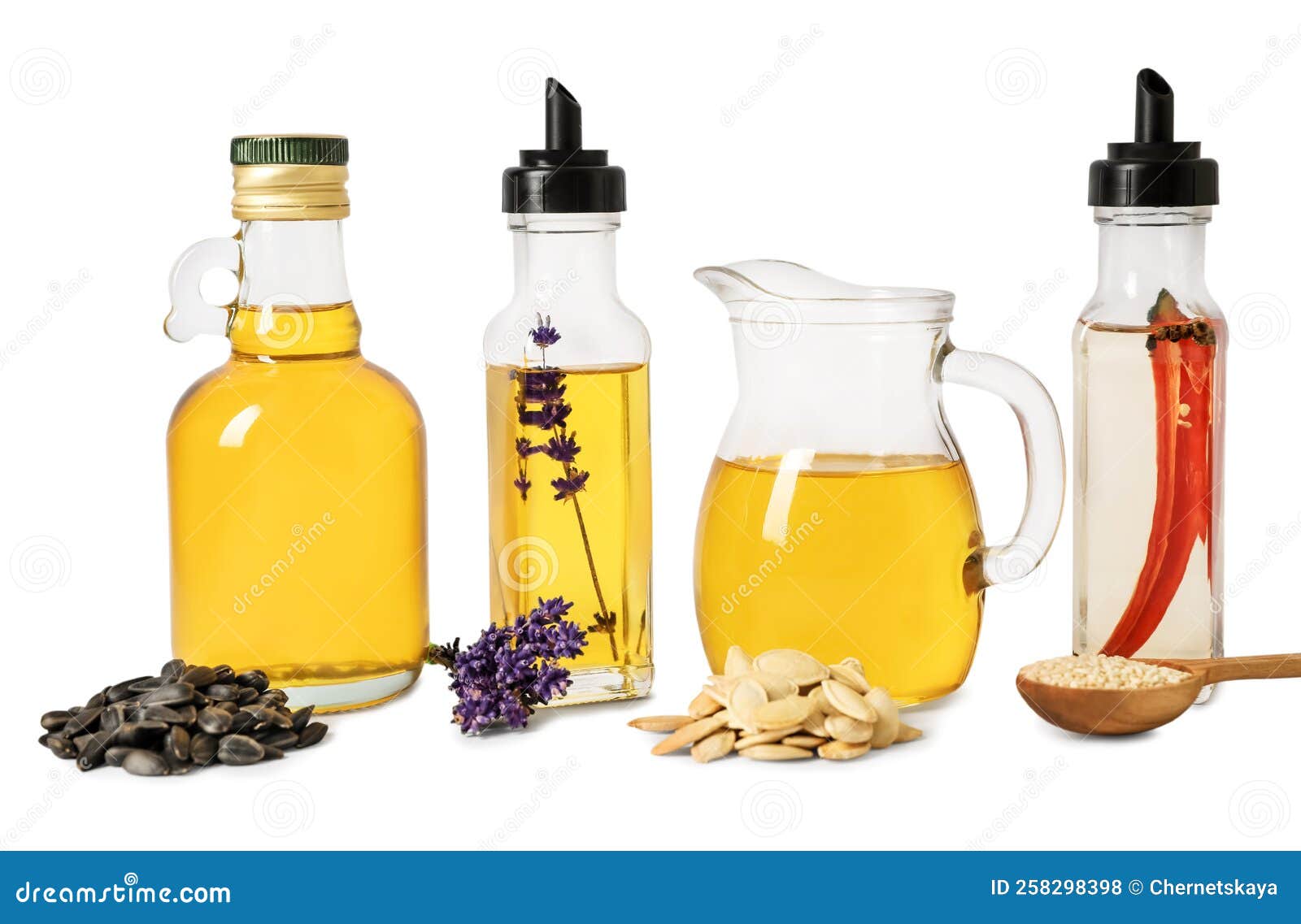 Different Cooking Oils and Ingredients on White Background Stock Photo