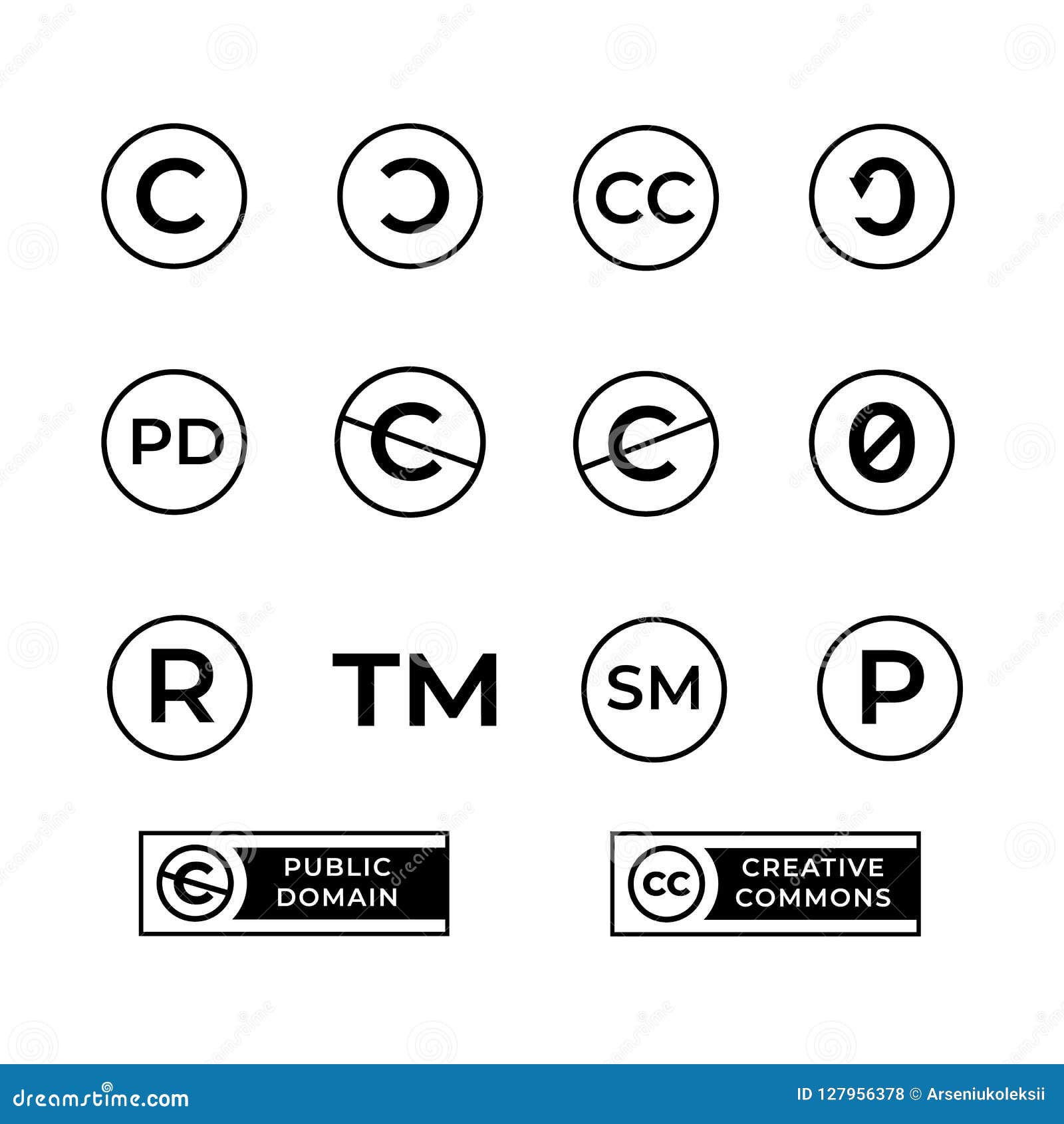 different copyright icons set with creative commons and public domain signs.