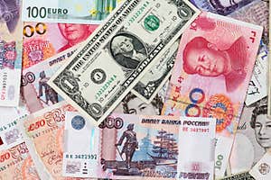 Different Currency Banknotes Background USD EUR GBP CNY RUB Editorial 
