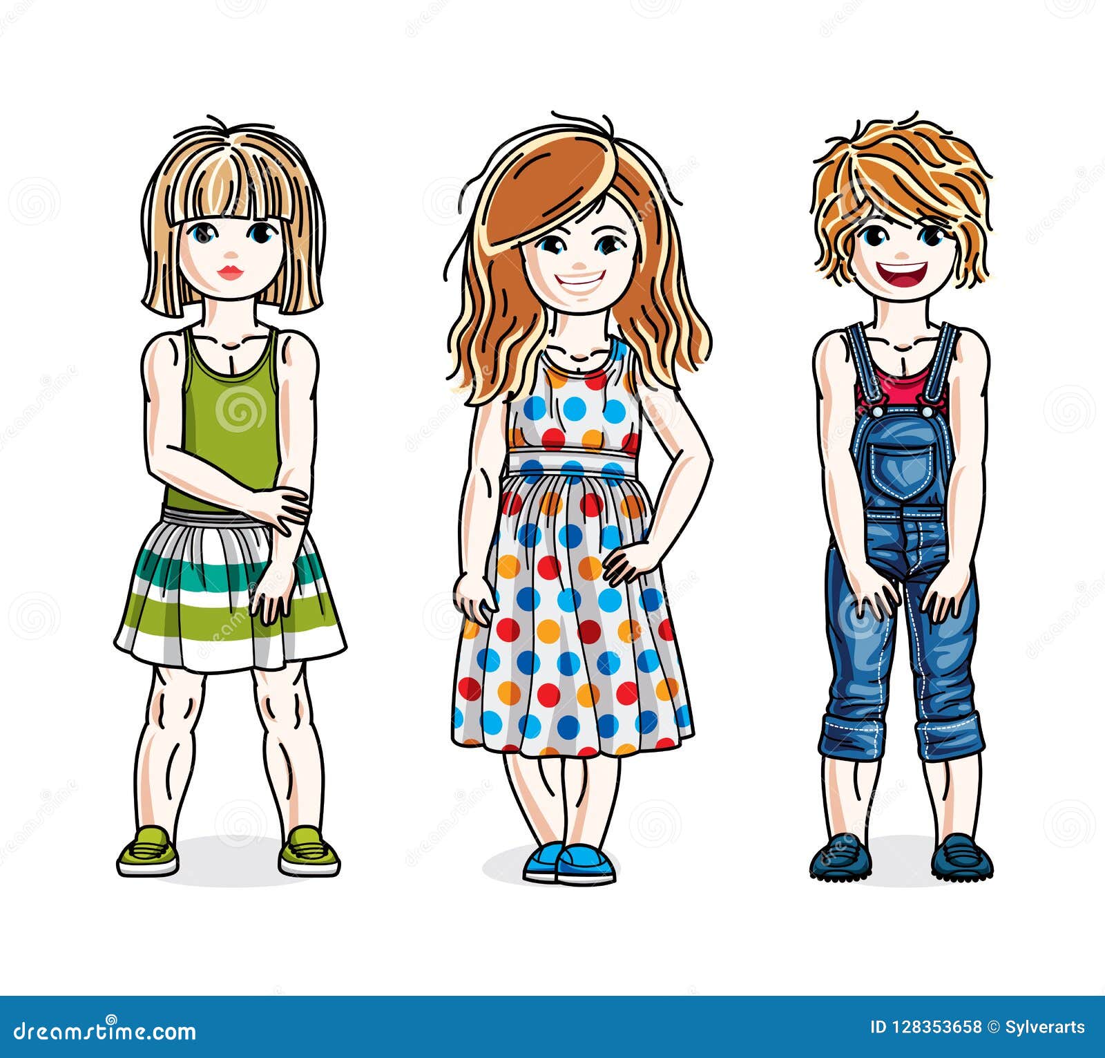 Different Cute Little Girls Standing Wearing Casual Clothes. Vector Set ...