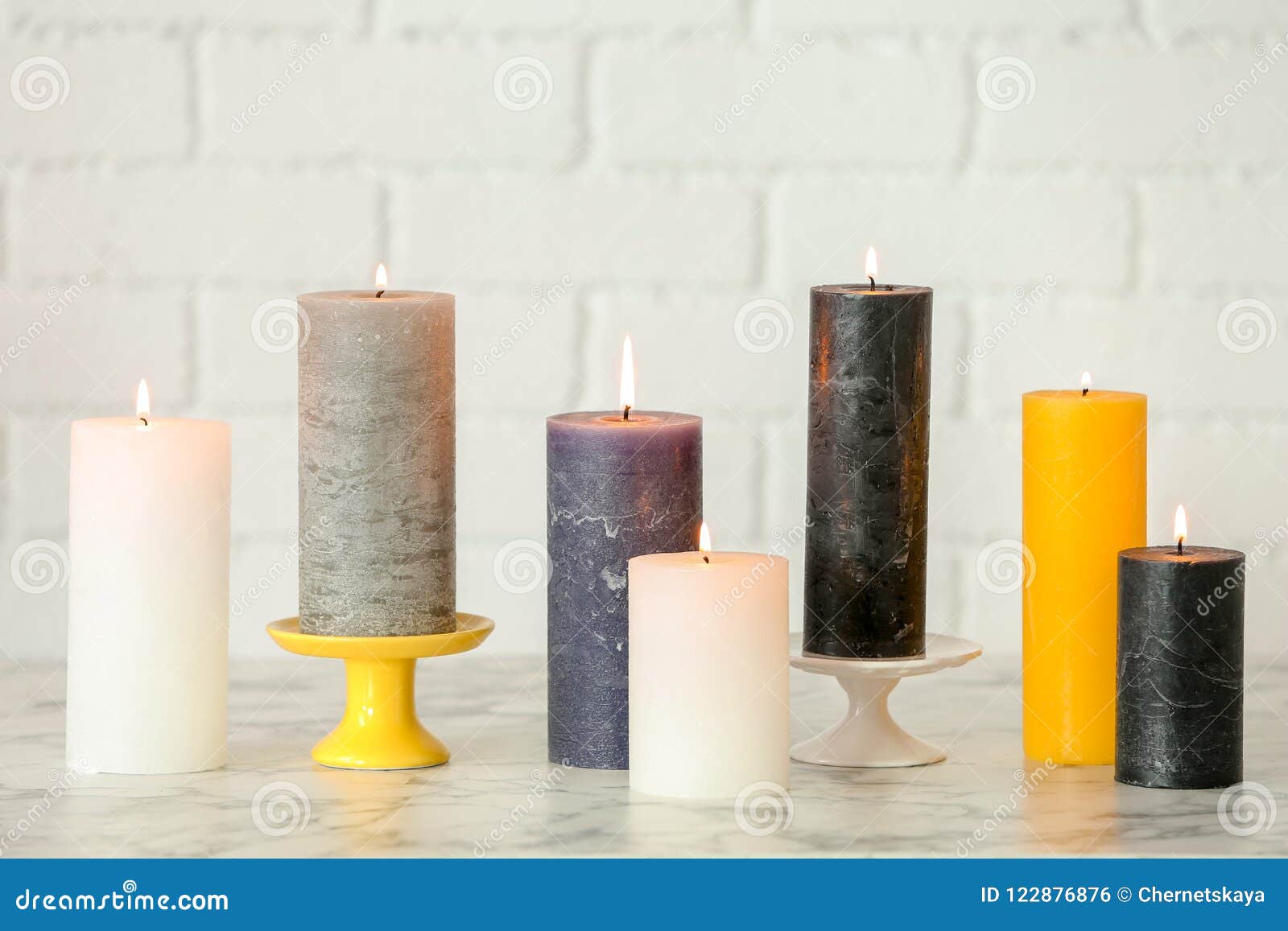 Different Decorative Wax Candles on Table Stock Photo Image of