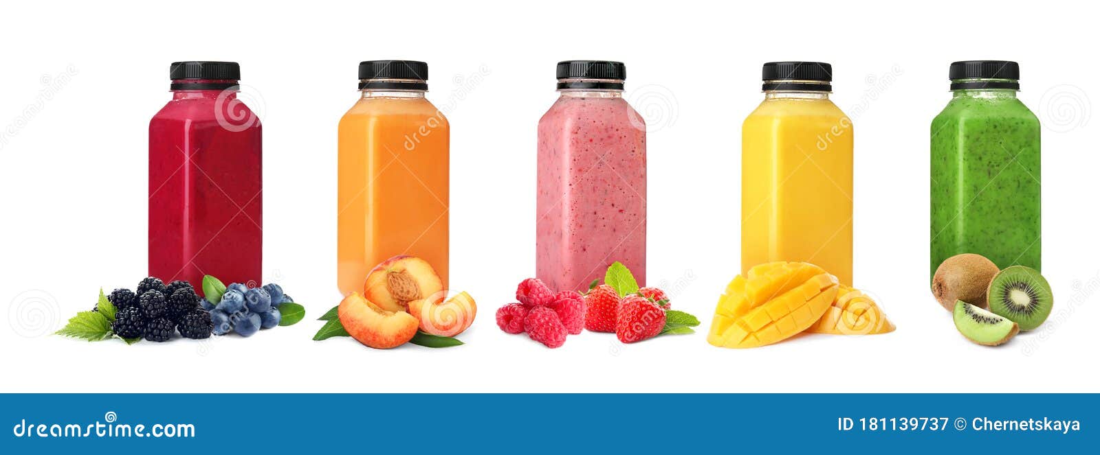 Different Delicious Smoothies in Bottles on Background. Banner Design