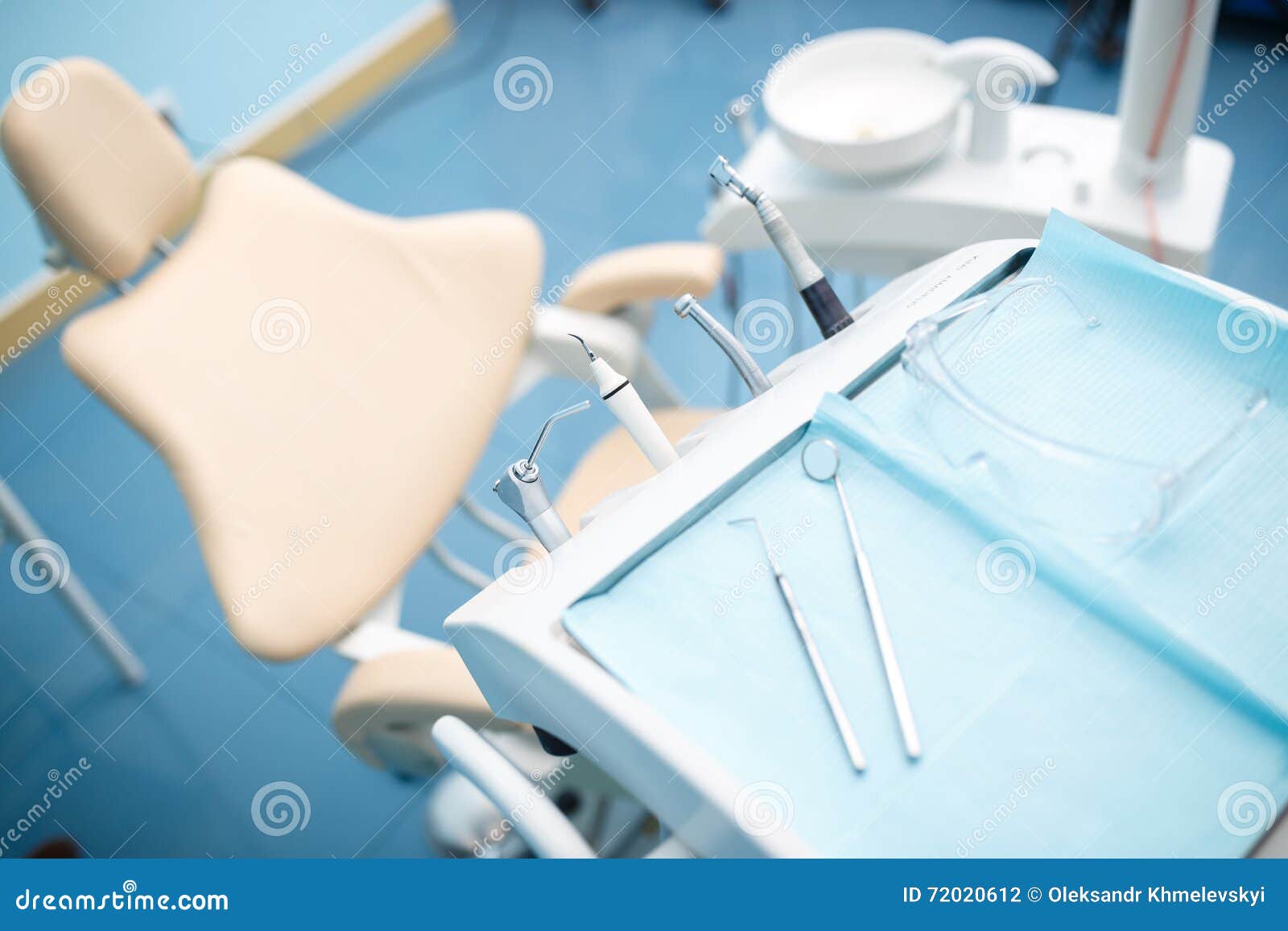 Different Dental Instruments and Tools in a Dentists Office Stock Photo