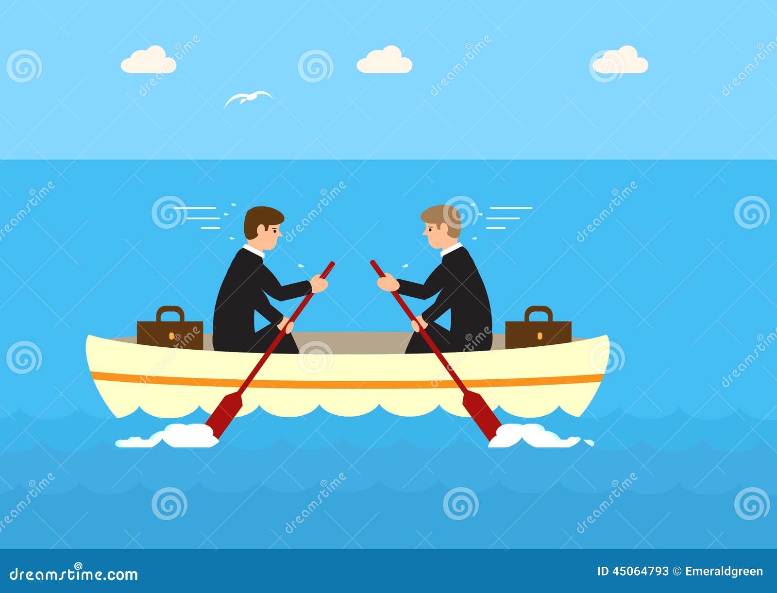 of two businessmen in the same boat but rowing against each other 