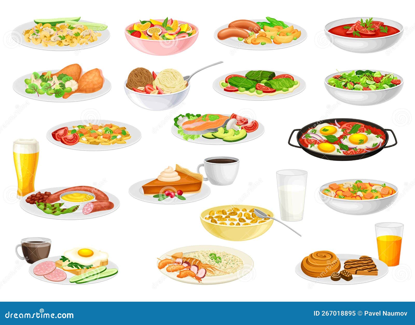 Different Dishes and Main Courses Served on Plate Big Vector Set Stock