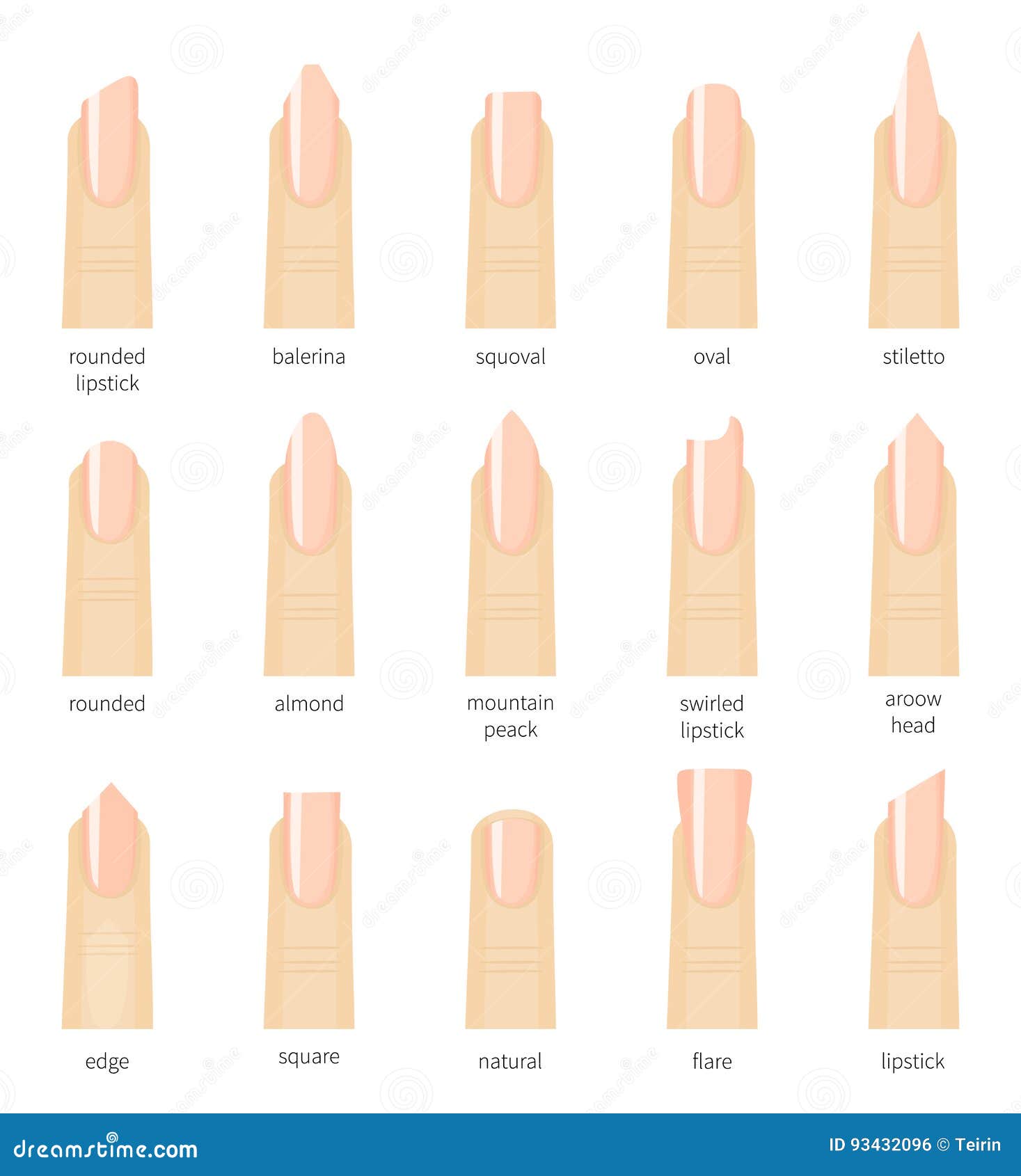 Different fashion nail shapes. Set kinds of nails. Salon nails type trends. Different fashion nail shapes. Set kinds of natural color nails. Salon type trends. Cartoon style vector illustration