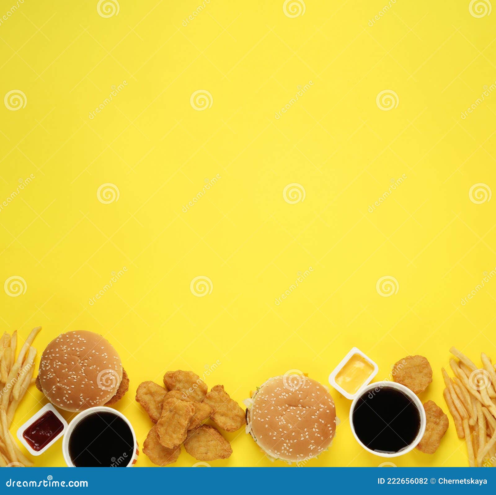 Different Fast Food on Yellow Background, Flat Lay. Space for Text Stock  Photo - Image of meat, ingredient: 222656082