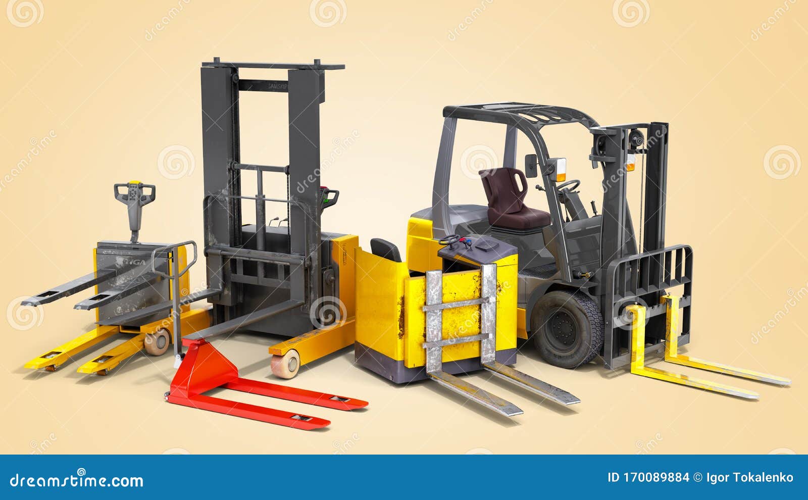 Different Forklift Loaders 3D Render on Color Gradient Stock