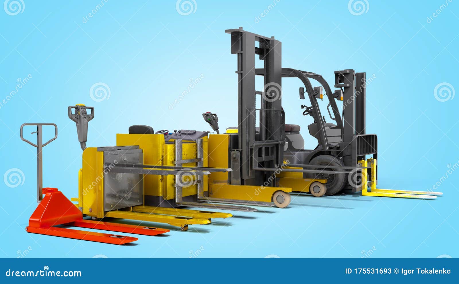 different forklift loaders  3d render on blue gradient