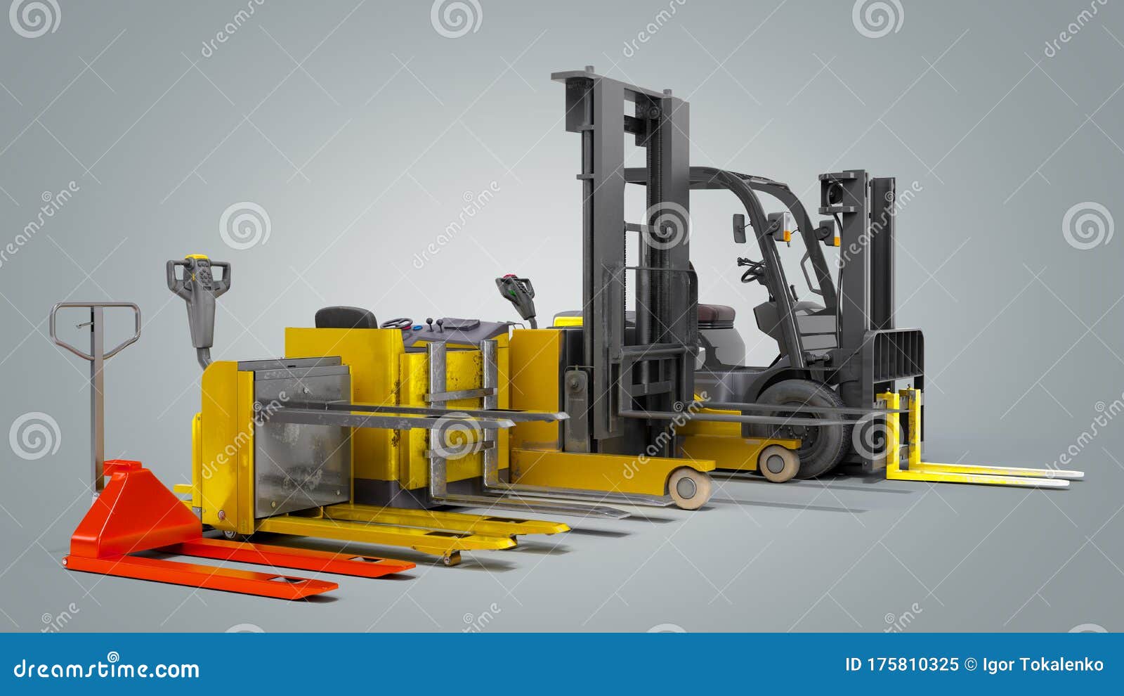 Different Forklift Loaders Isolated 3D Render on Gradient Gradient