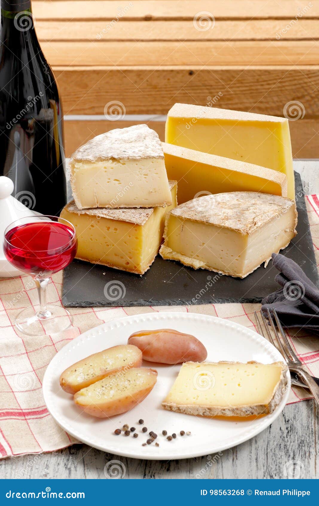 Different French Cheeses with a Glass of Wine Stock Photo Image of