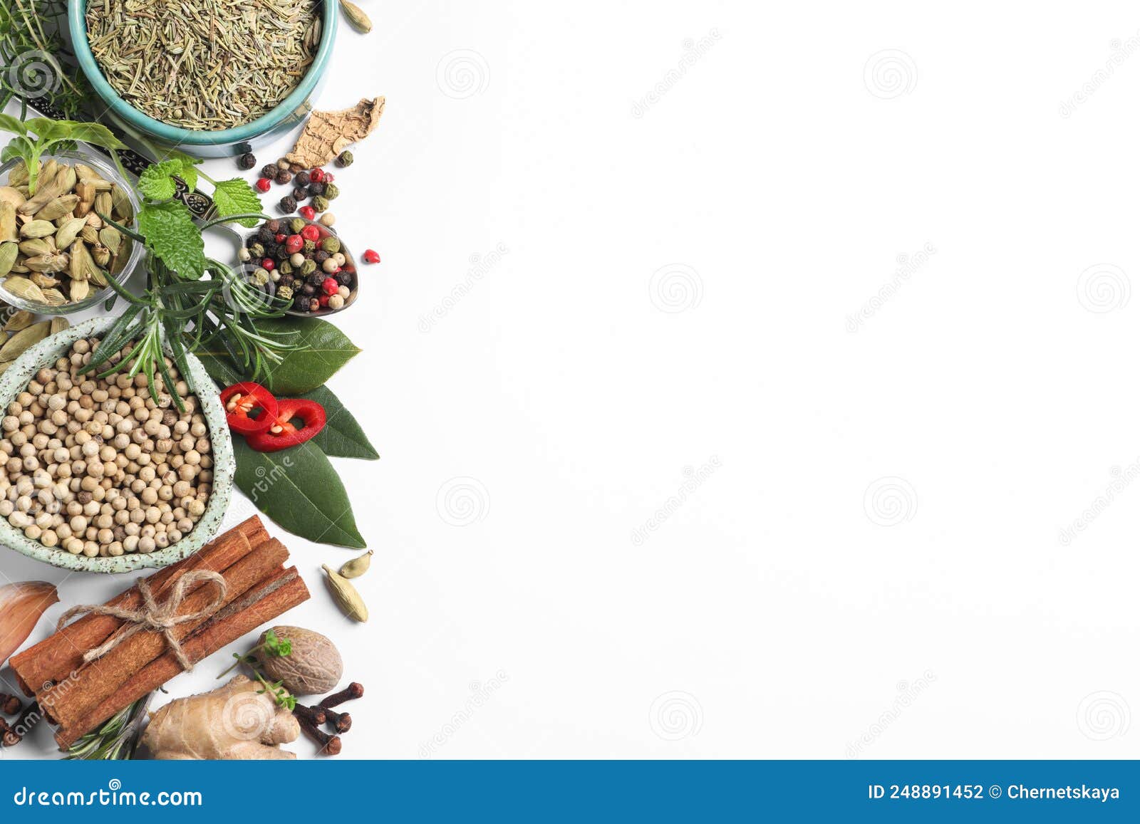 Different Fresh Herbs and Spices on White Background, Top View Stock