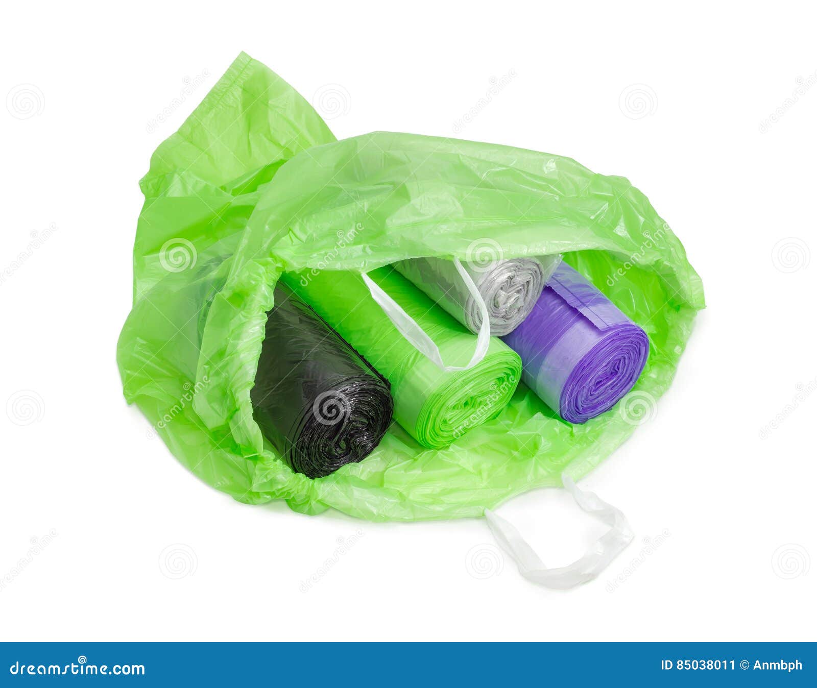 Different Garbage Bags in Rolls in Open Green Garbage Bag Stock Image