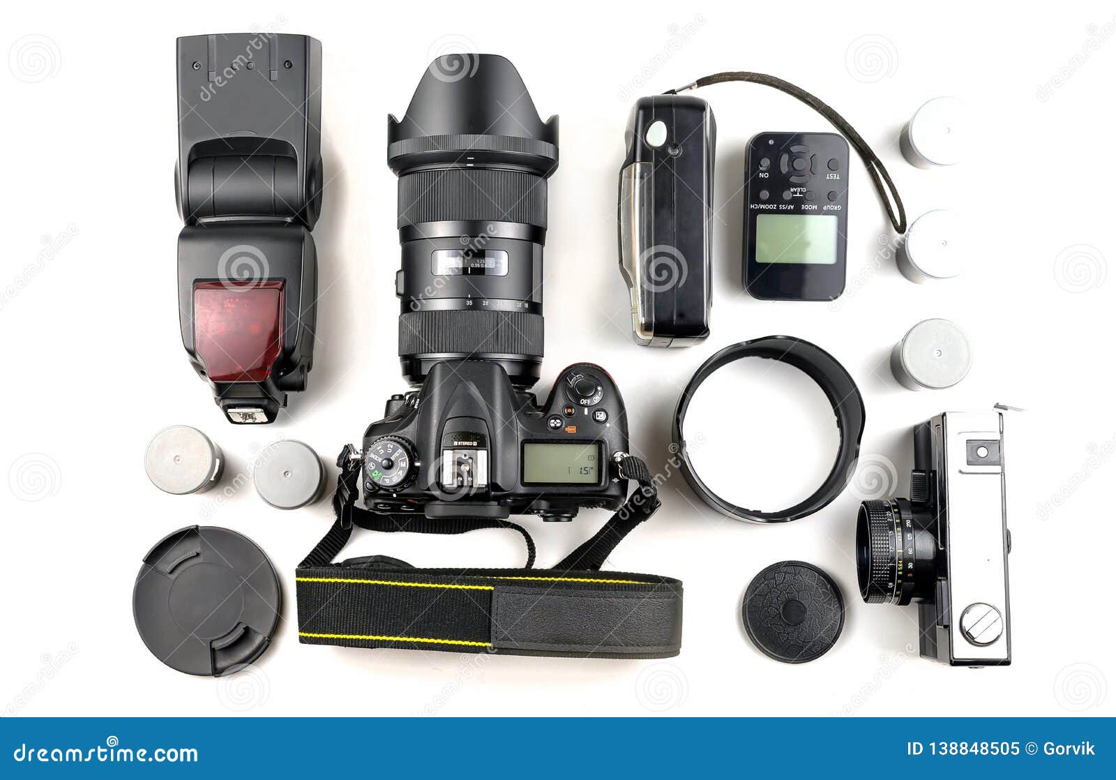 Different Generations of Cameras and a Flash Stock Image Image of