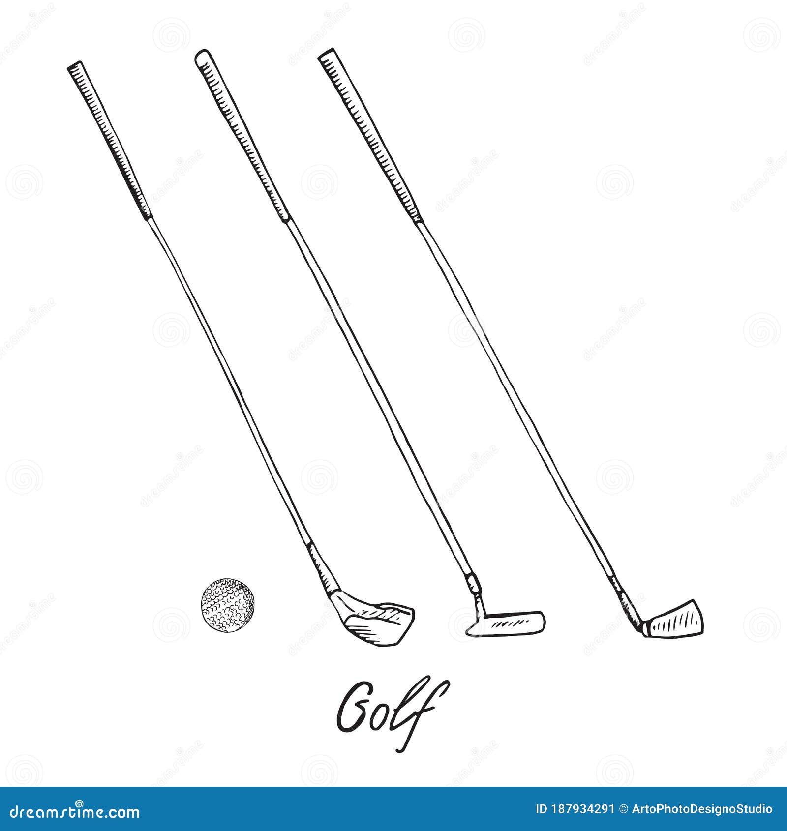 Different Golf Clubs Putters Wood, Putter, Wedge and Ball, Hand Drawn  Doodle Sketch with Inscription, Isolated Vector Outline Stock Vector -  Illustration of outdoors, drawing: 187934291