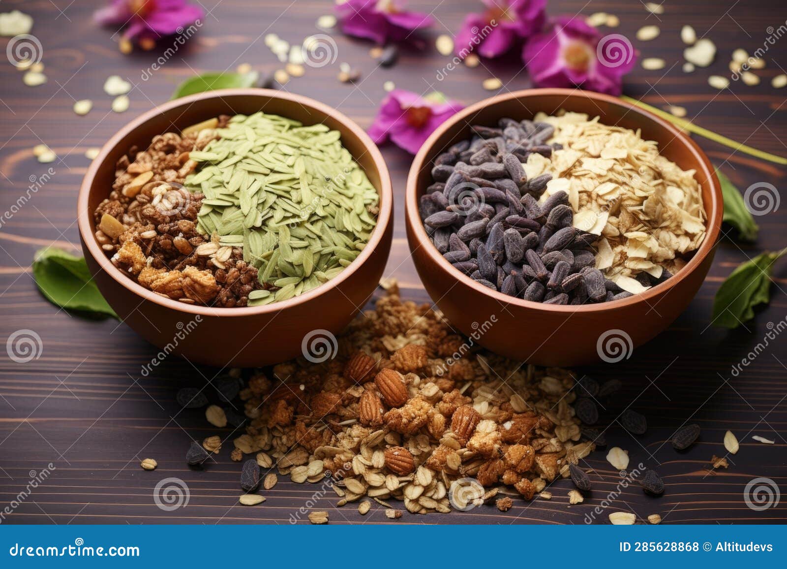 Different Granola Flavors in Separate Bowls Side by Side Stock Photo