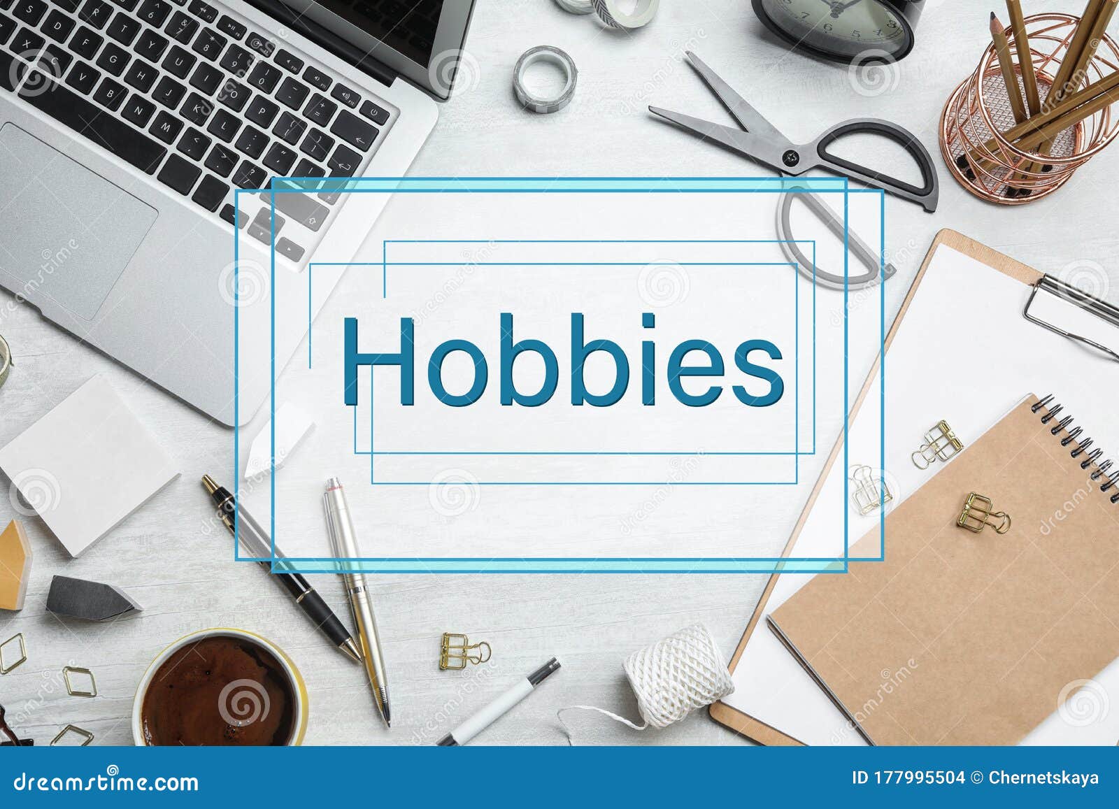 Different Hobbies. Flat Lay Composition with Laptop and Stationery on