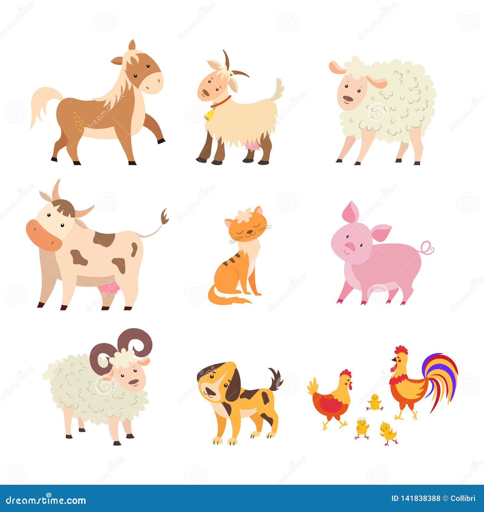 Different Home Farm Animals Set: Horse, Cow, Sheep, Goat, Cat, Dog, Pig,  Hen, Rooster, Chicken, Ram. Stock Vector - Illustration of country, animal:  141838388