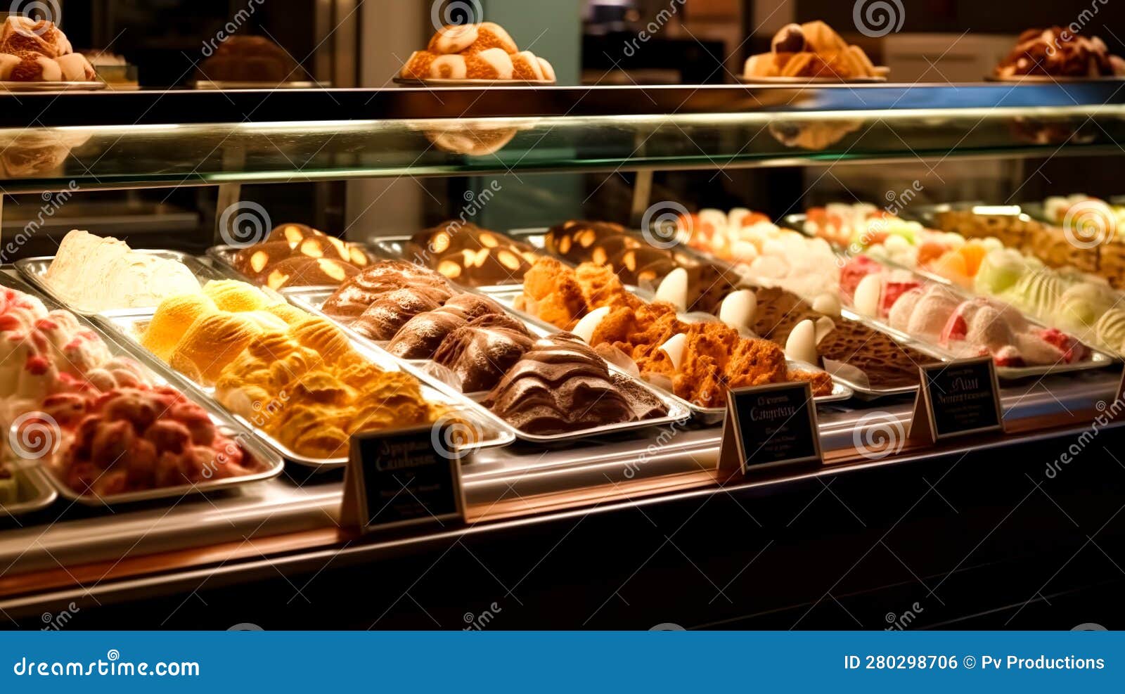 Different Icecreams in Icecream Shop, Generative AI. Stock Photo