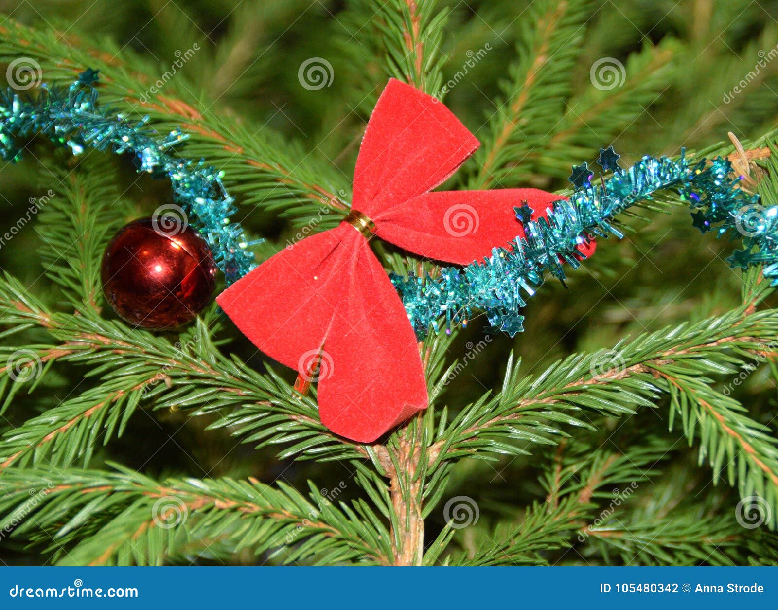 Christmas Tree Decorations on Fir Tree Branches. Stock Photo Image of