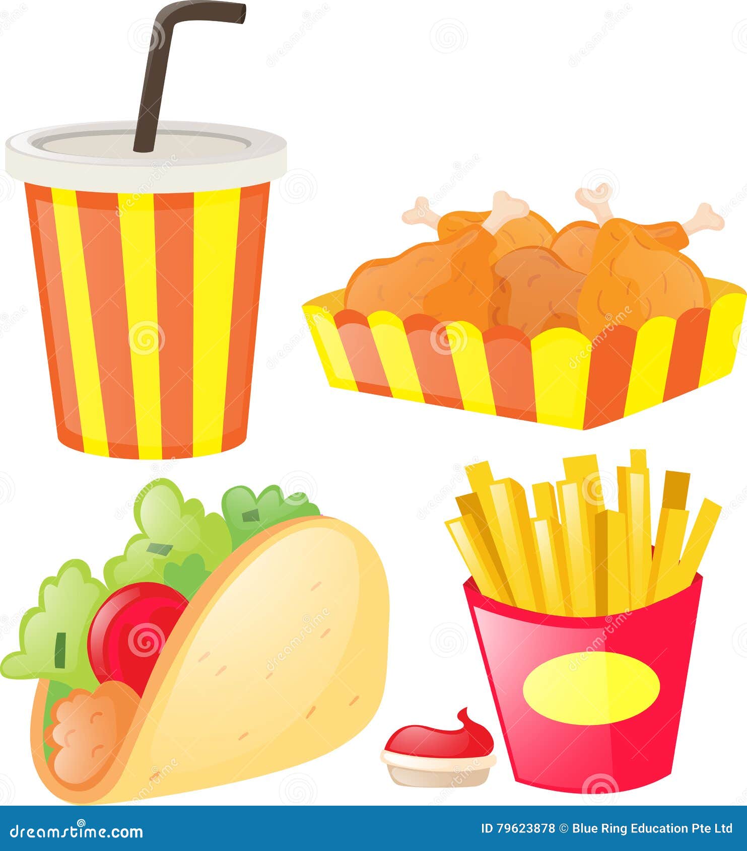 Different Kind of Junk Food and Soft Drink Stock Vector Illustration