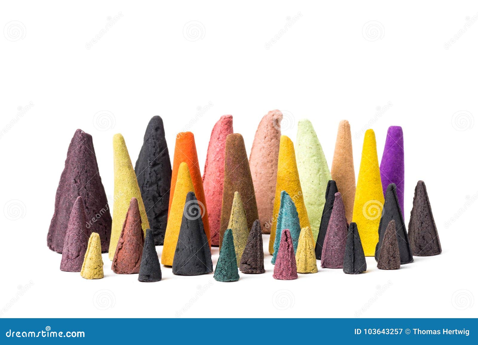 Different Kinds of Colorful Incense Cones Isolated on White Background