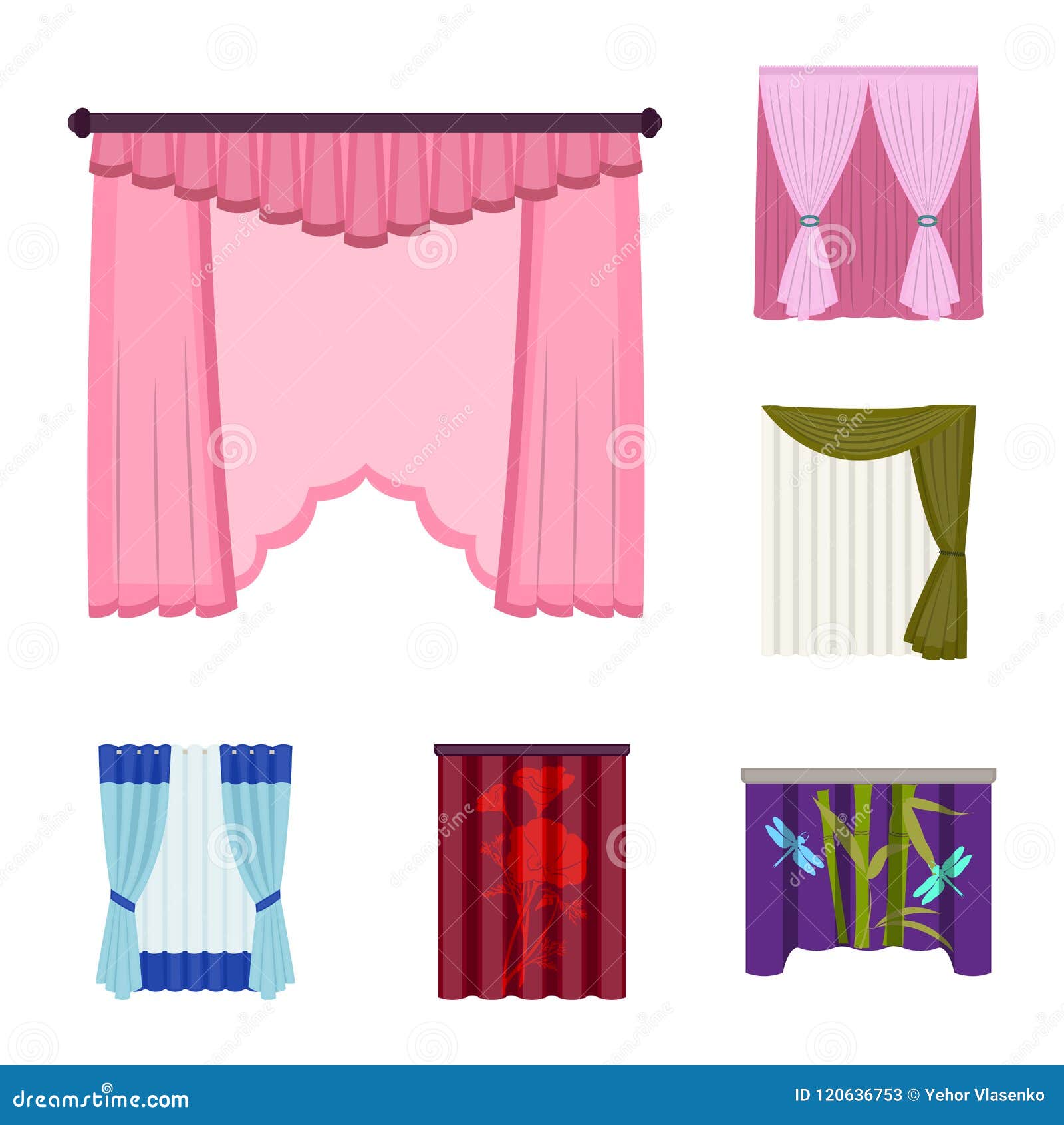 Different Kinds Of Curtains Cartoon Icons In Set Collection For