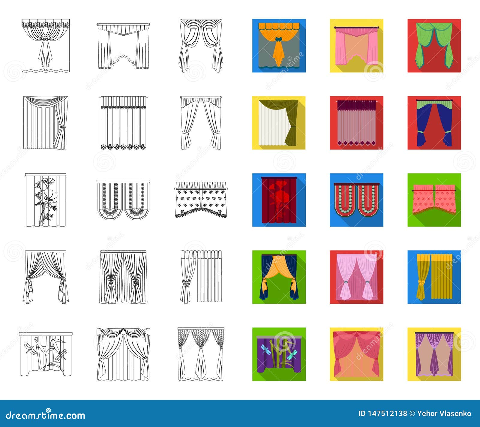 Different Kinds Of Curtains Outline Flat Icons In Set Collection