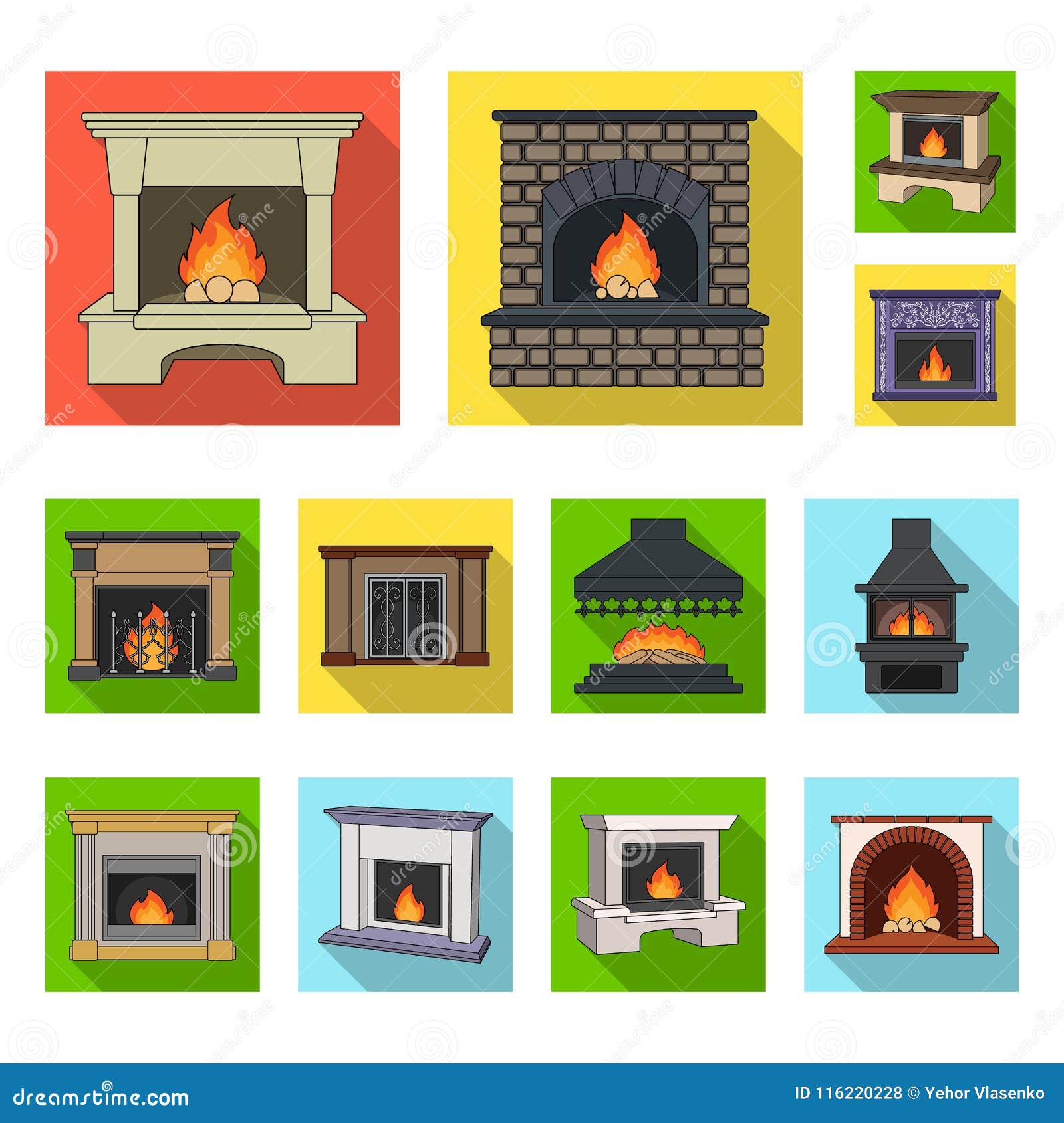 Different Kinds Of Fireplaces Flat Icons In Set Collection For