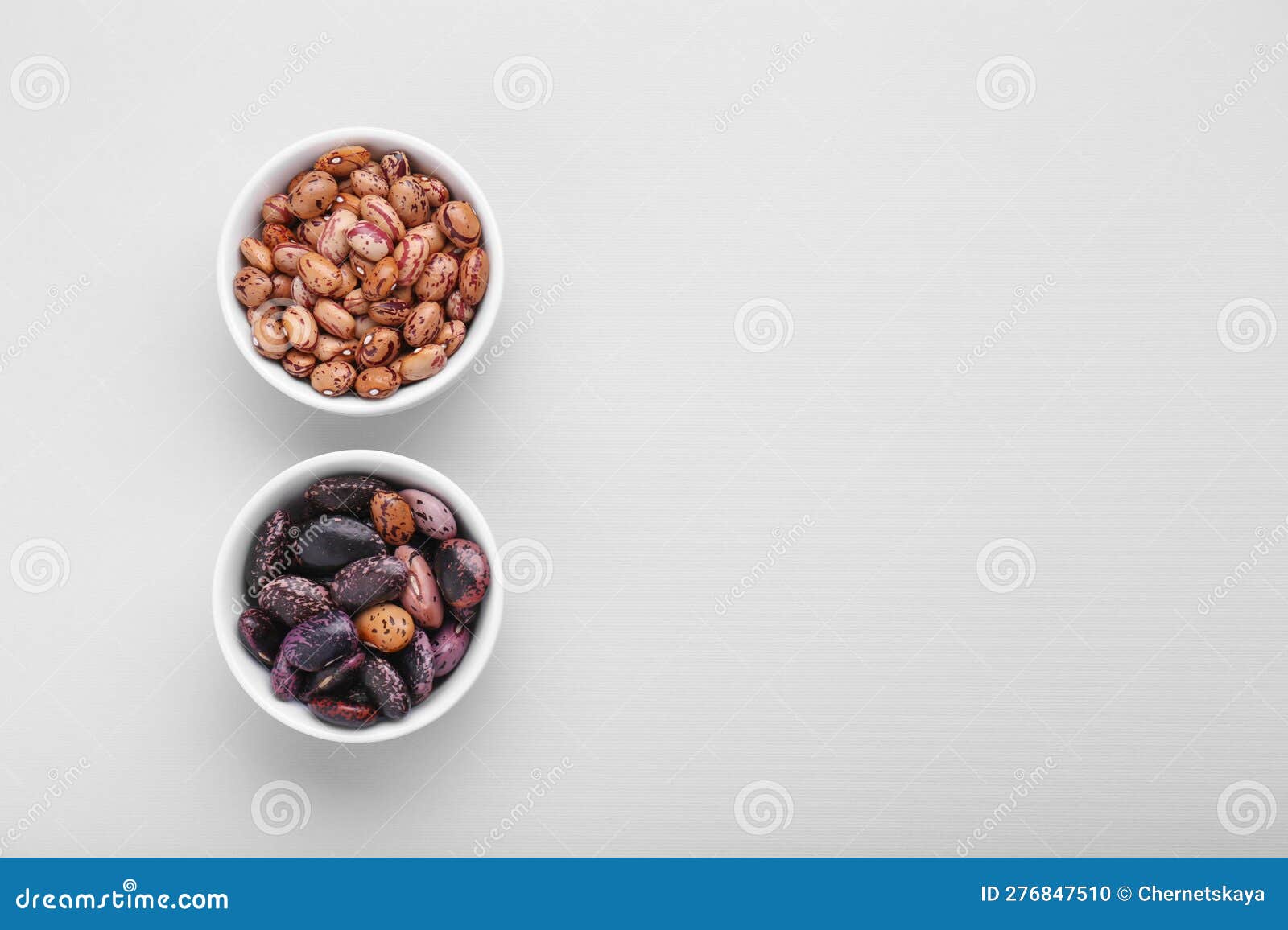 Different Kinds of Kidney Beans on White Background, Top View. Space