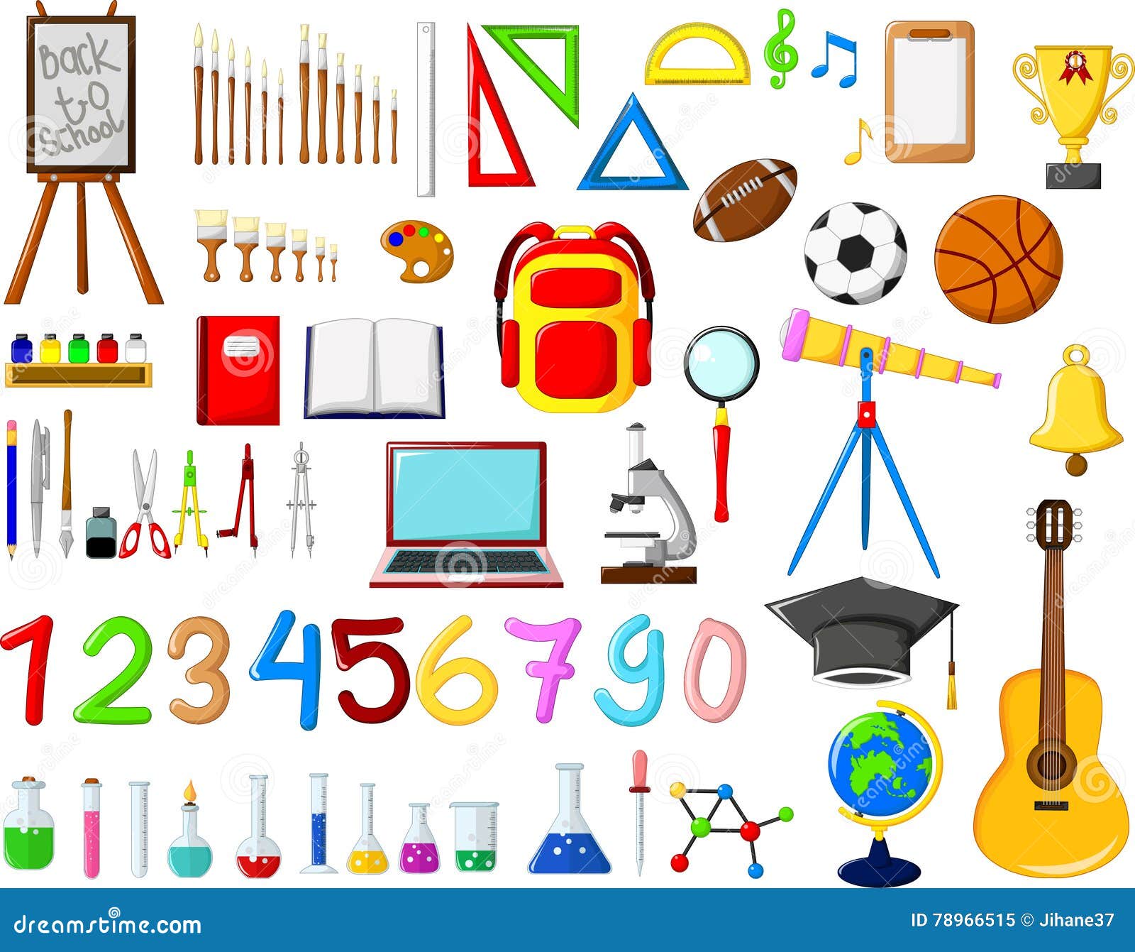 Different Kinds of School Equipment Cartoon Stock Illustration