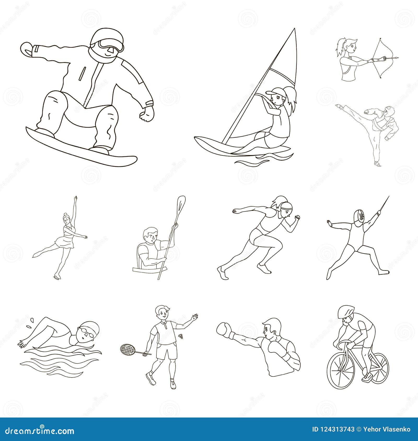 different kinds of sports outline icons in set collection for . athlete, competitions   stock web