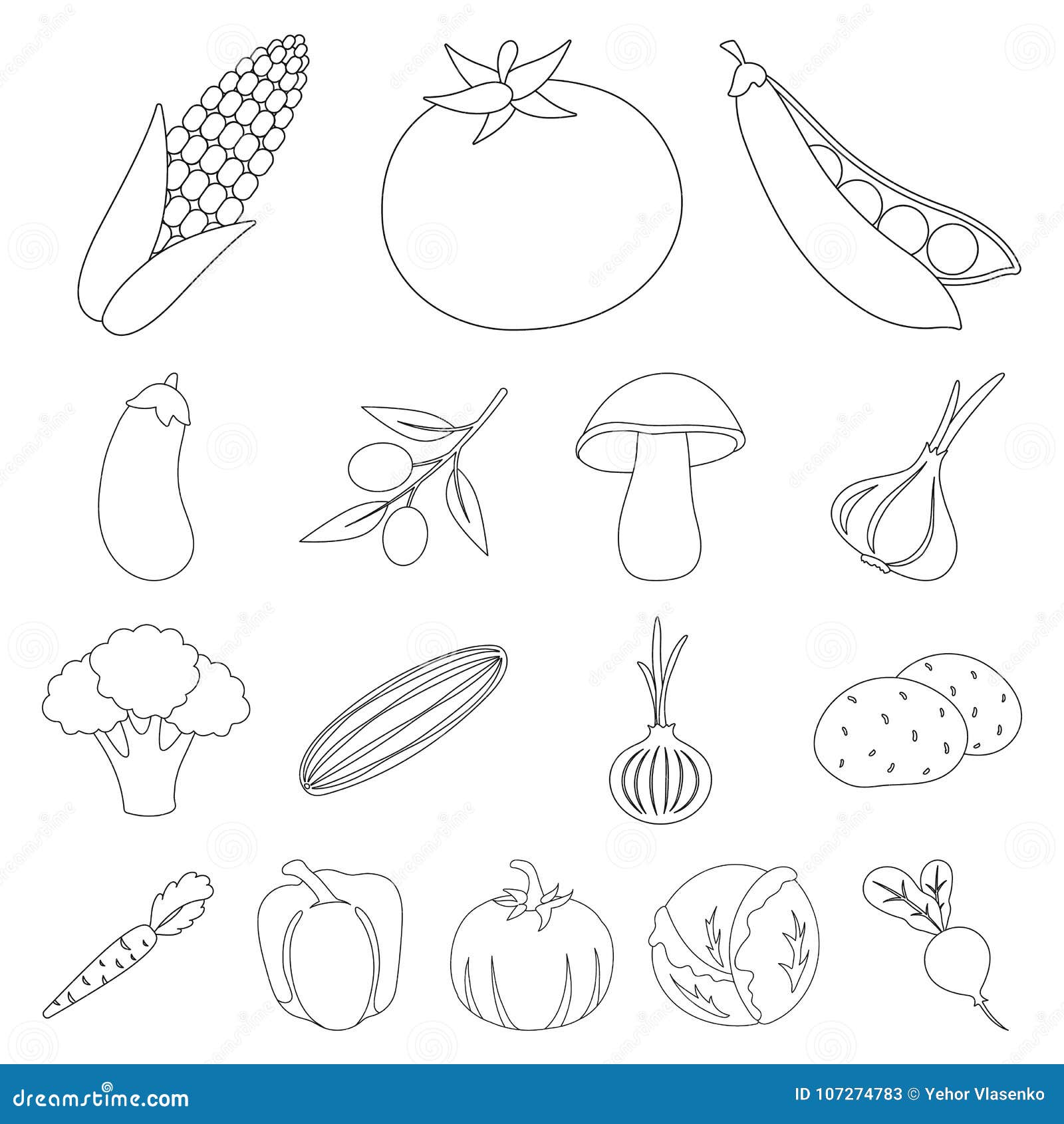 Different Kinds of Vegetables Outline Icons in Set Stock Vector