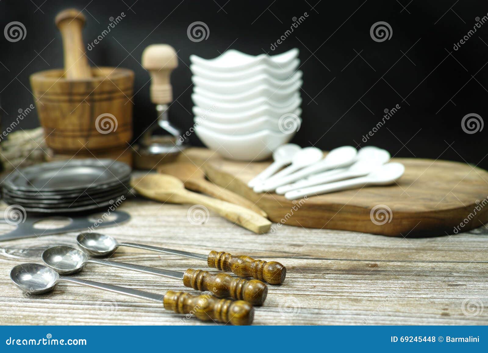 Different Kitchen Accessories from Tin, Olive Wood and Ceramic Stock