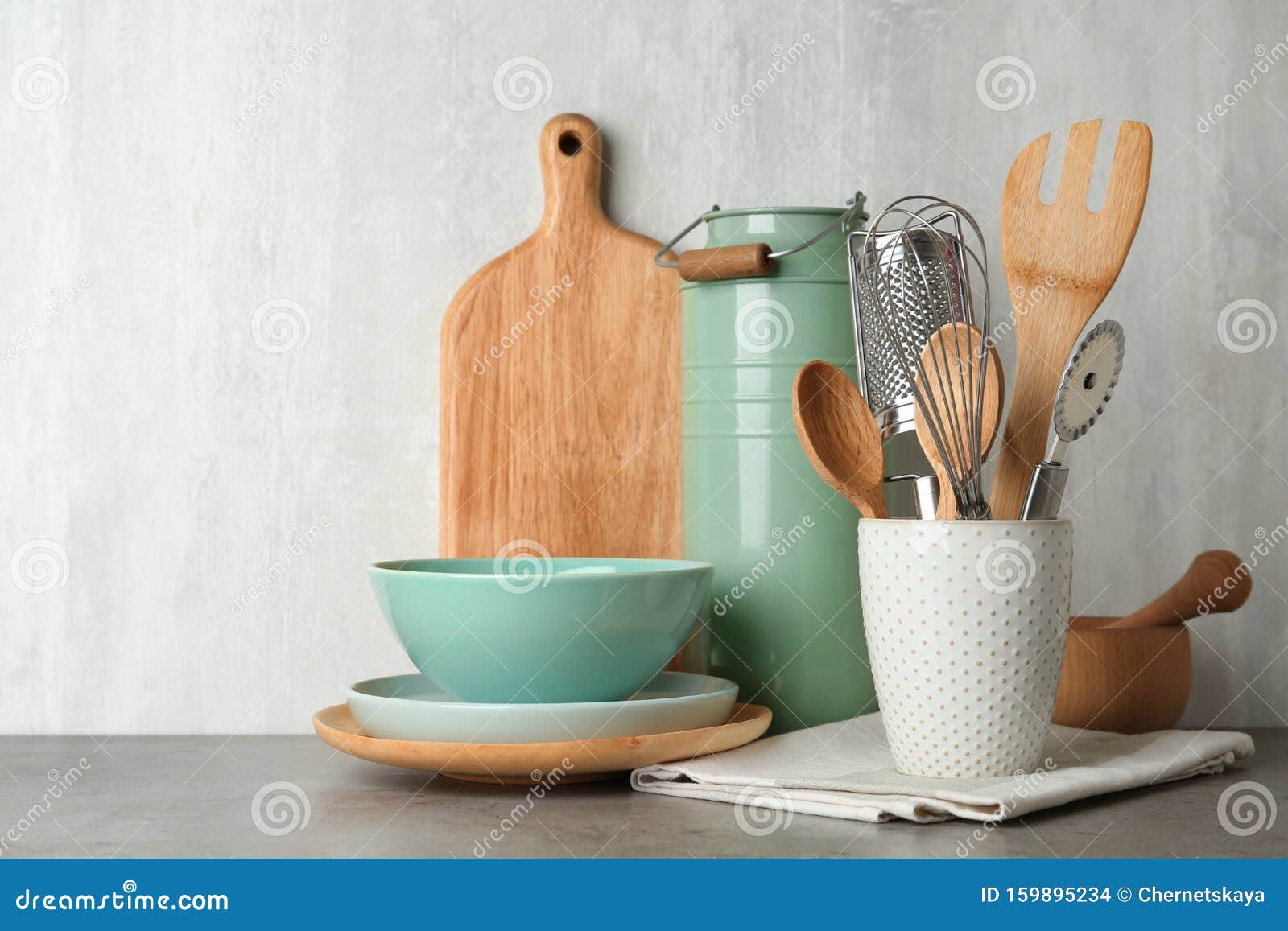Different Kitchen Utensils on Grey Table Stock Photo Image of fork