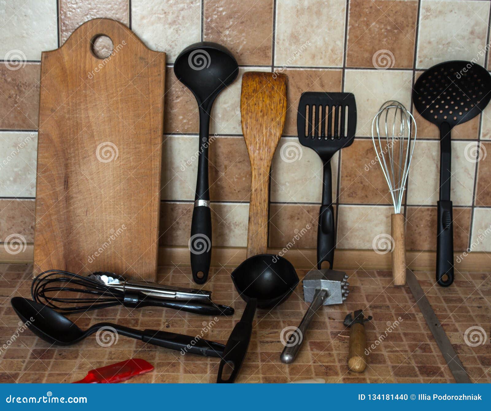A Different Kitchen Utensils on the Table Stock Photo Image of empty