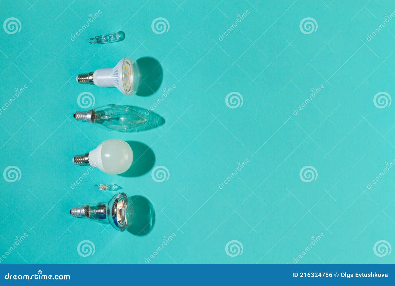 Different Light Bulbs Halogen, Incandescent, LED, Fluorescent on a