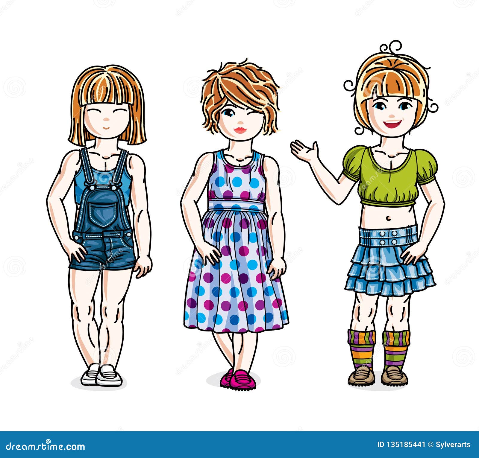 Different Little Girls Cute Children Standing in Stylish Casual Clothes ...