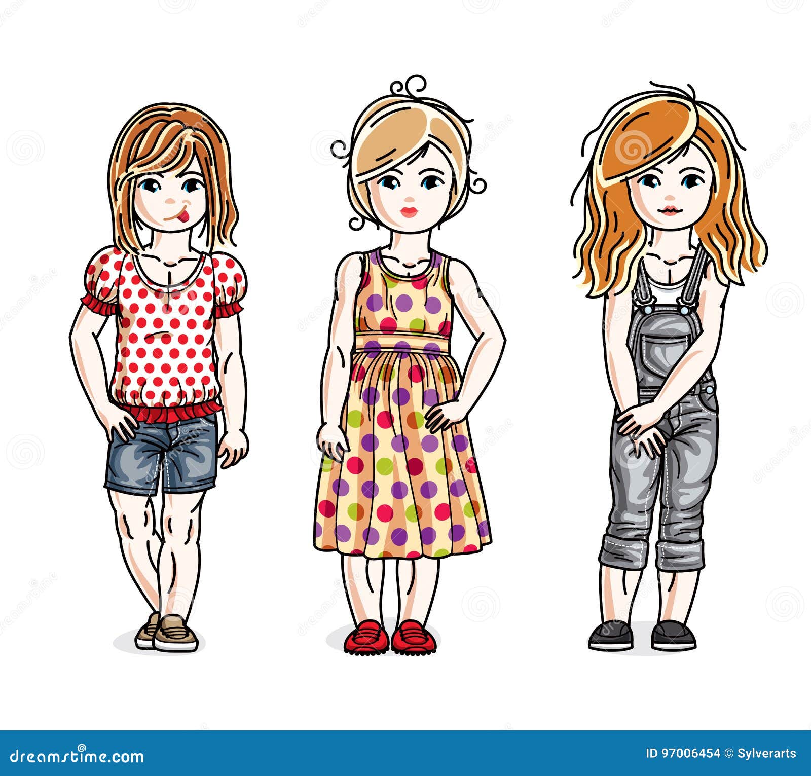 Different Little Girls Cute Children Standing in Stylish Casual Stock ...