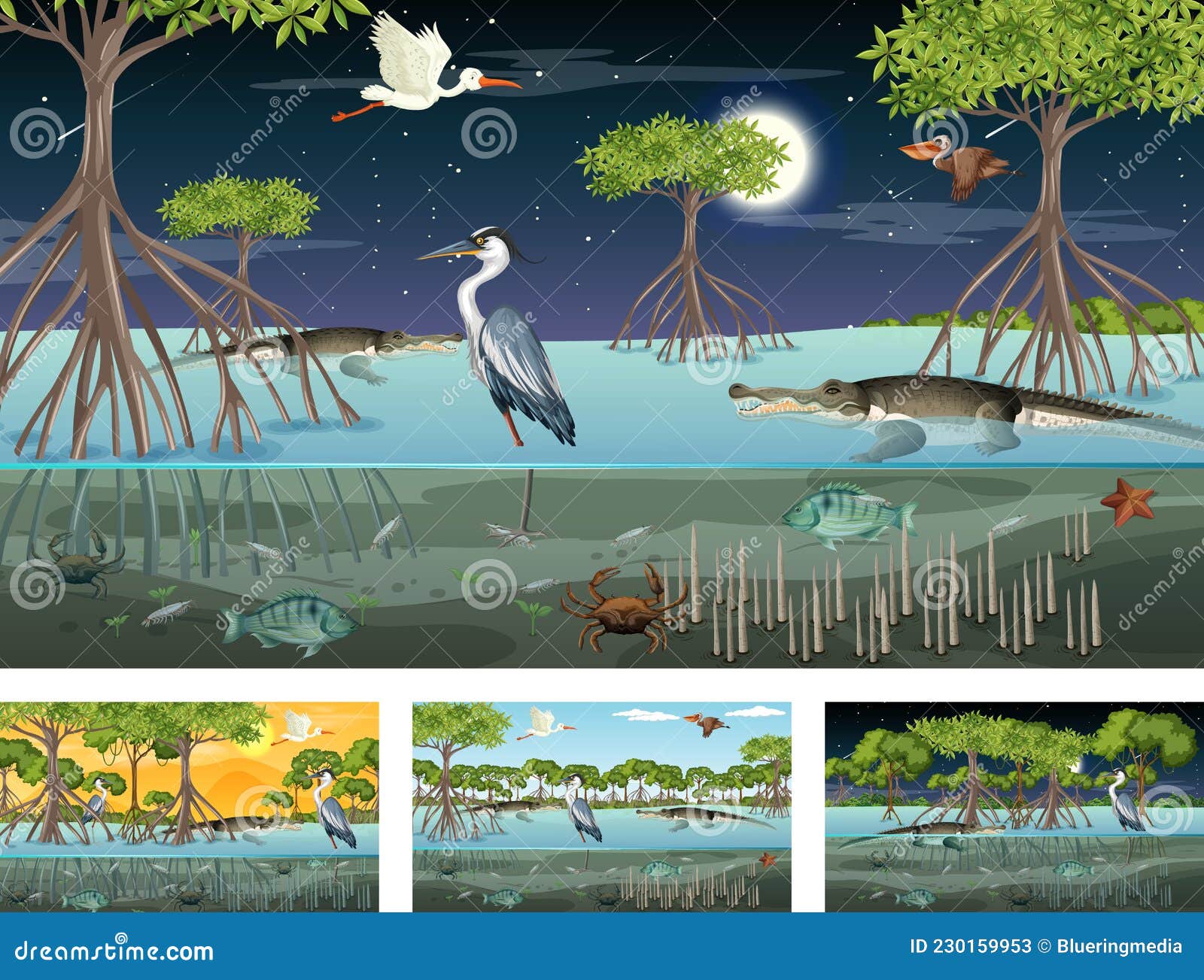 Different Mangrove Forest Landscape Scenes with Animals and Plants ...