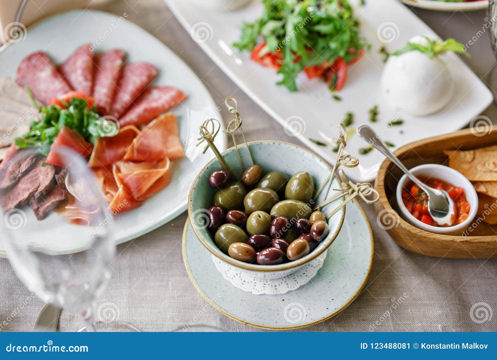 Different Meals for the Guests on Banquet Table. Delicious Dishes on