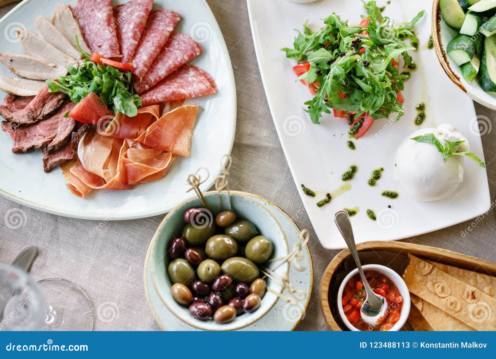 Different Meals for the Guests on Banquet Table. Delicious Dishes on