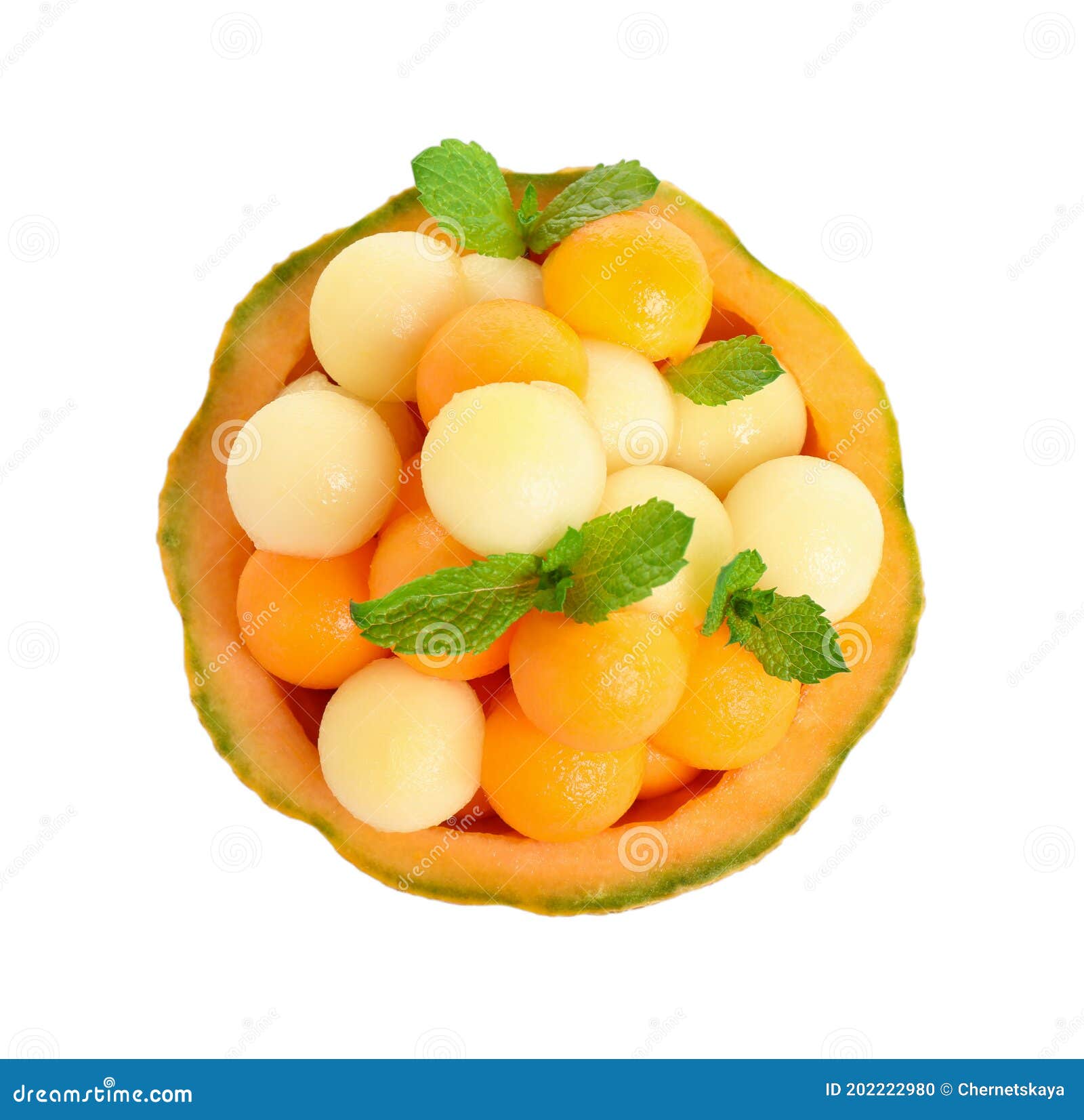 Different Melon Balls with Mint on White Background, Top View Stock