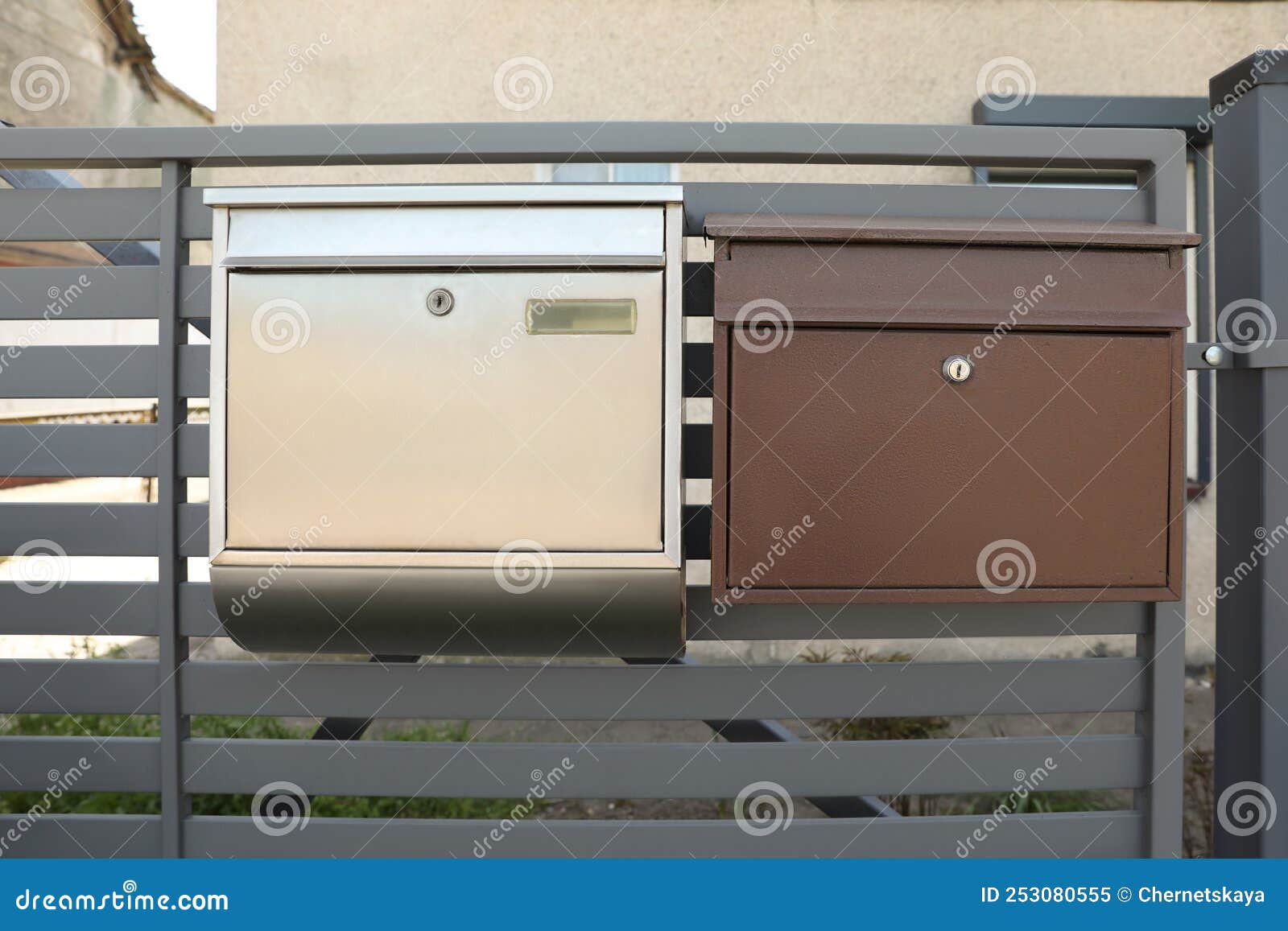 Different Metal Letter Boxes on Fence Outdoors Stock Image Image of