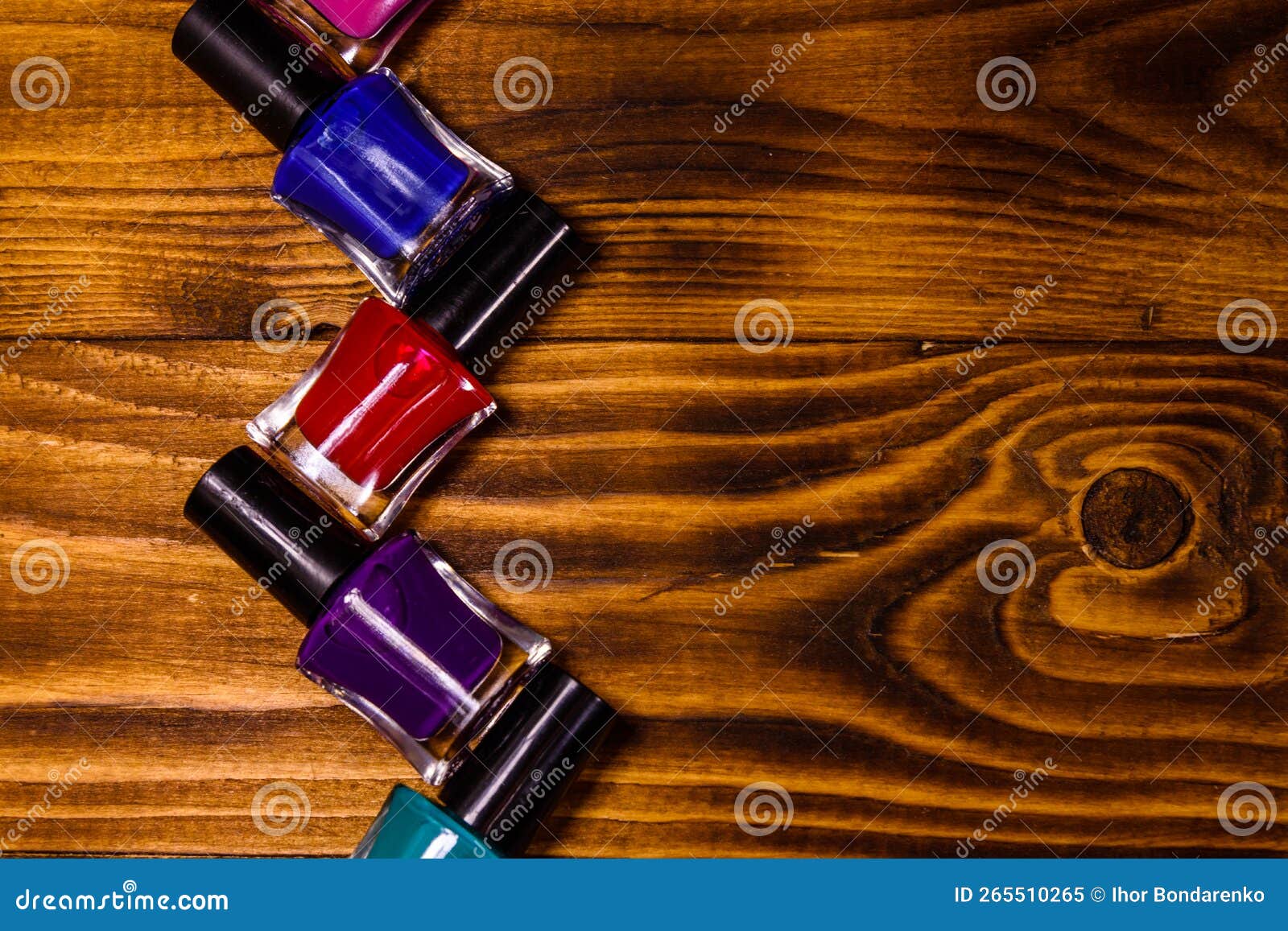 Different Nail Polishes on a Wooden Table. Top View Stock Image Image