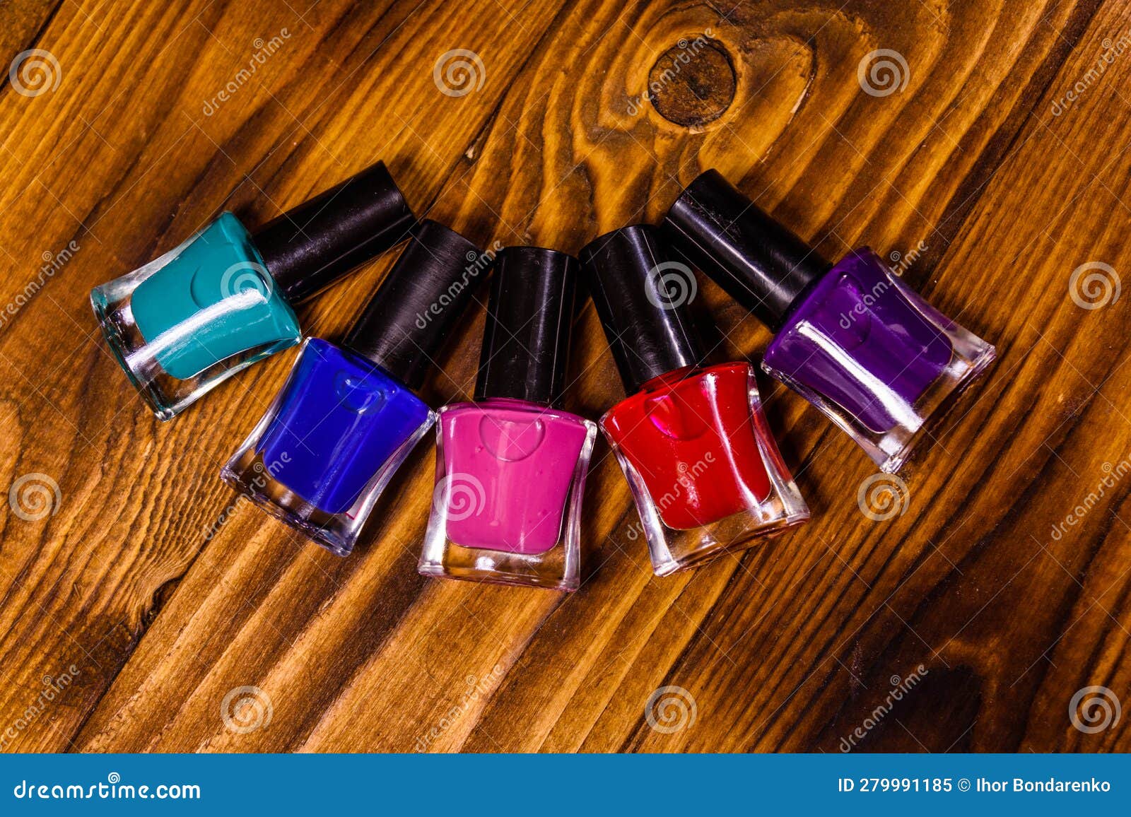 Different Nail Polishes on a Wooden Table. Top View Stock Image Image