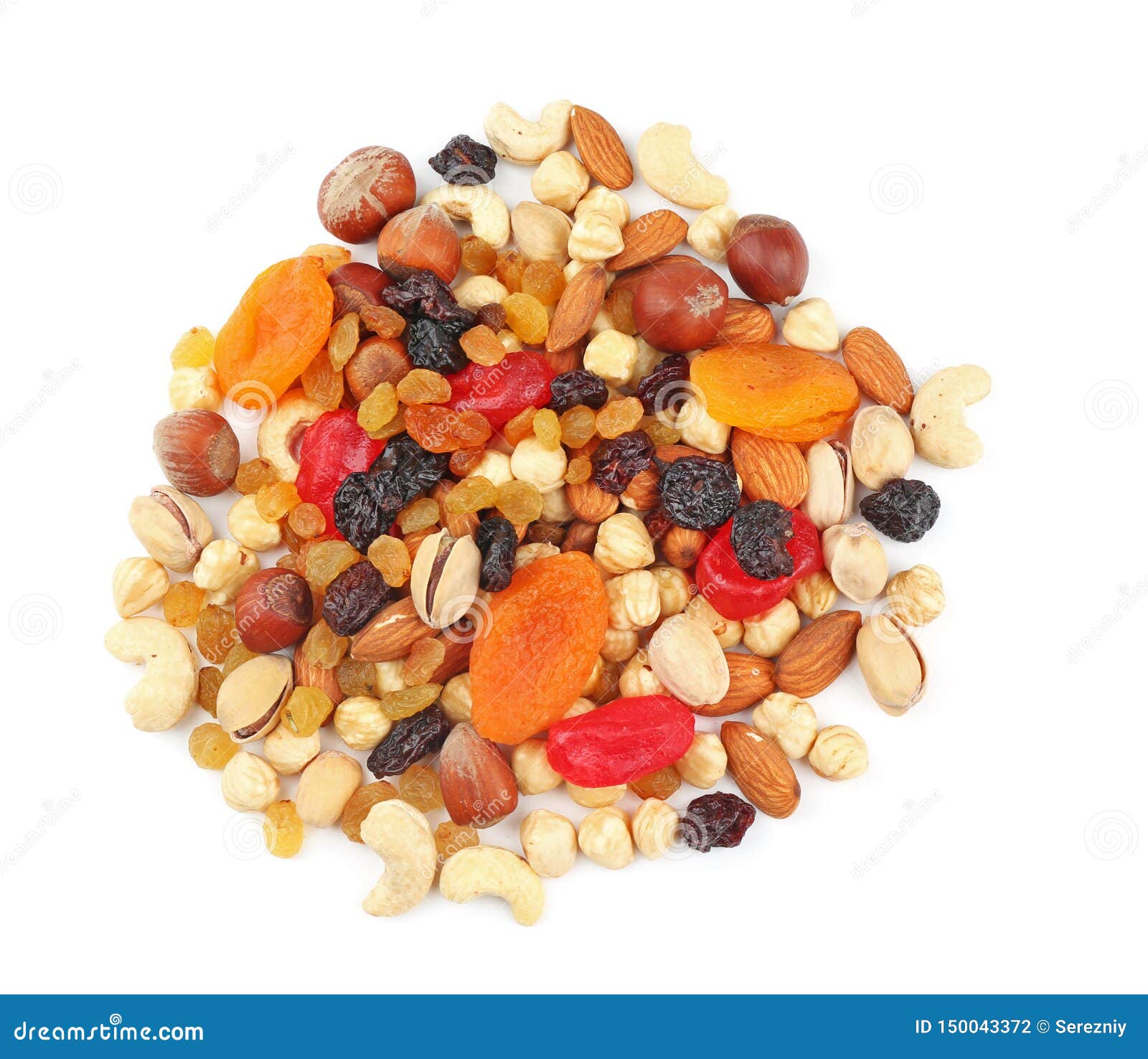 Different Nuts, Dried Fruits and Berries on White Background, Top View