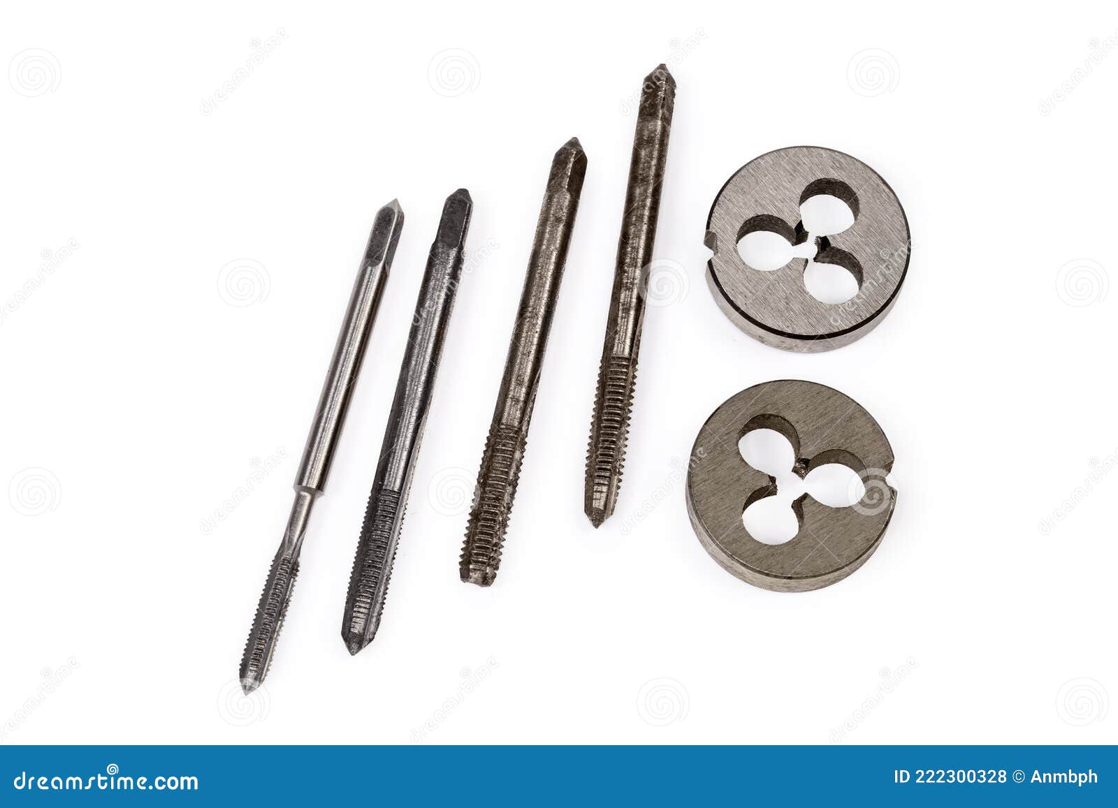 Different Old Thread Cutting Plug Taps and Dies, Closeup Stock Photo