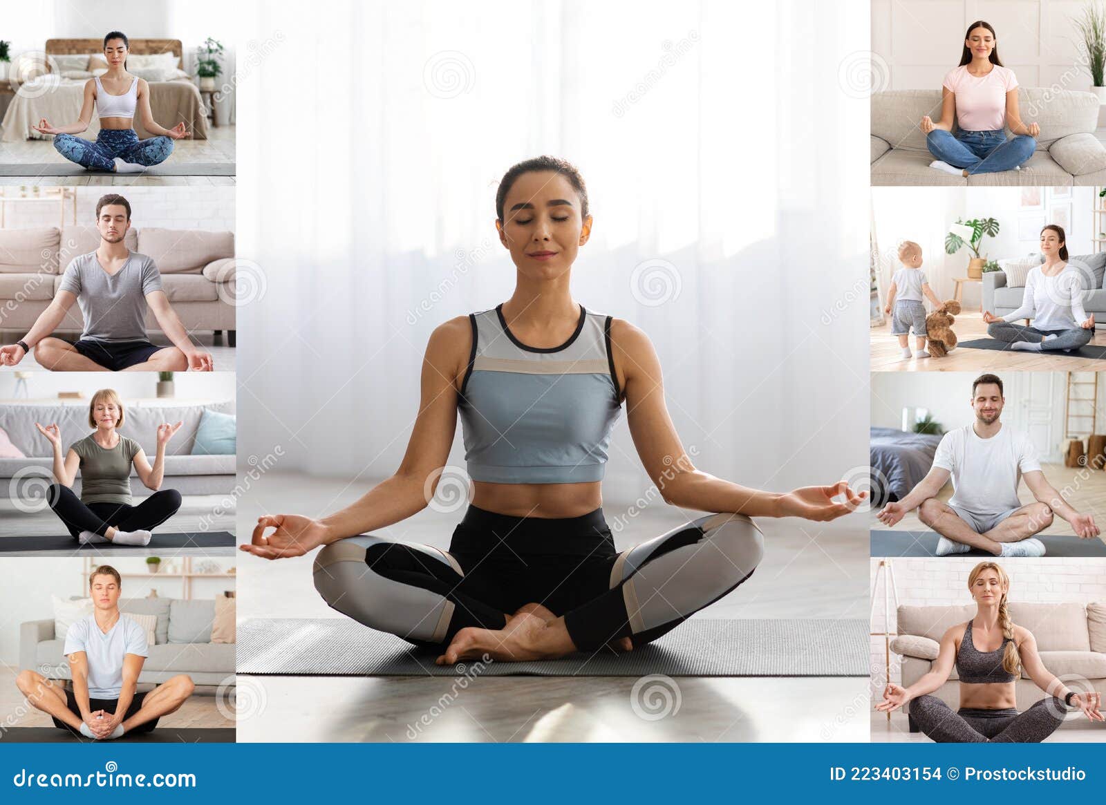 different people practicing yoga at home via web conference on computer, screenshot