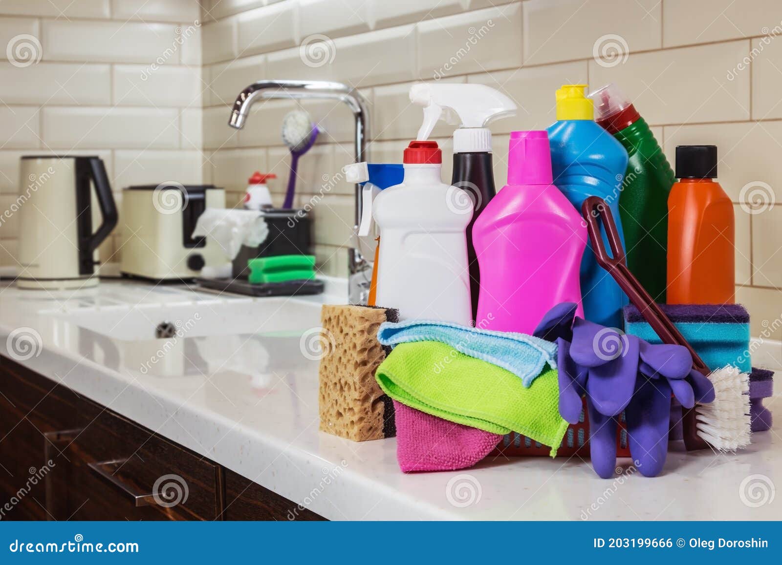Different Products and Items for Cleaning in the Kitchen Stock Photo